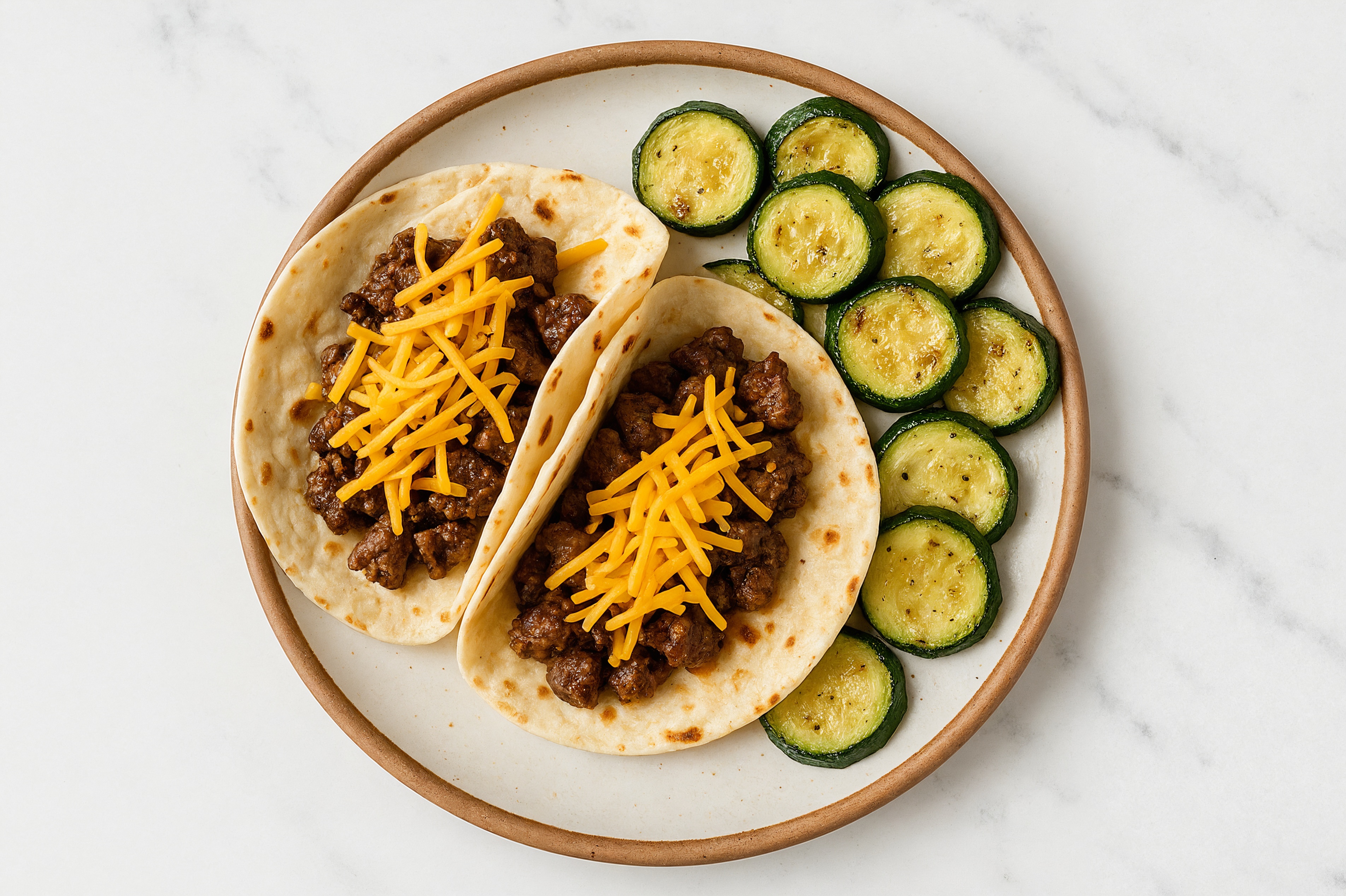Cheesy Ground Wagyu Beef Tacos + Zucchini with Shredded Sharp Cheddar Cheese