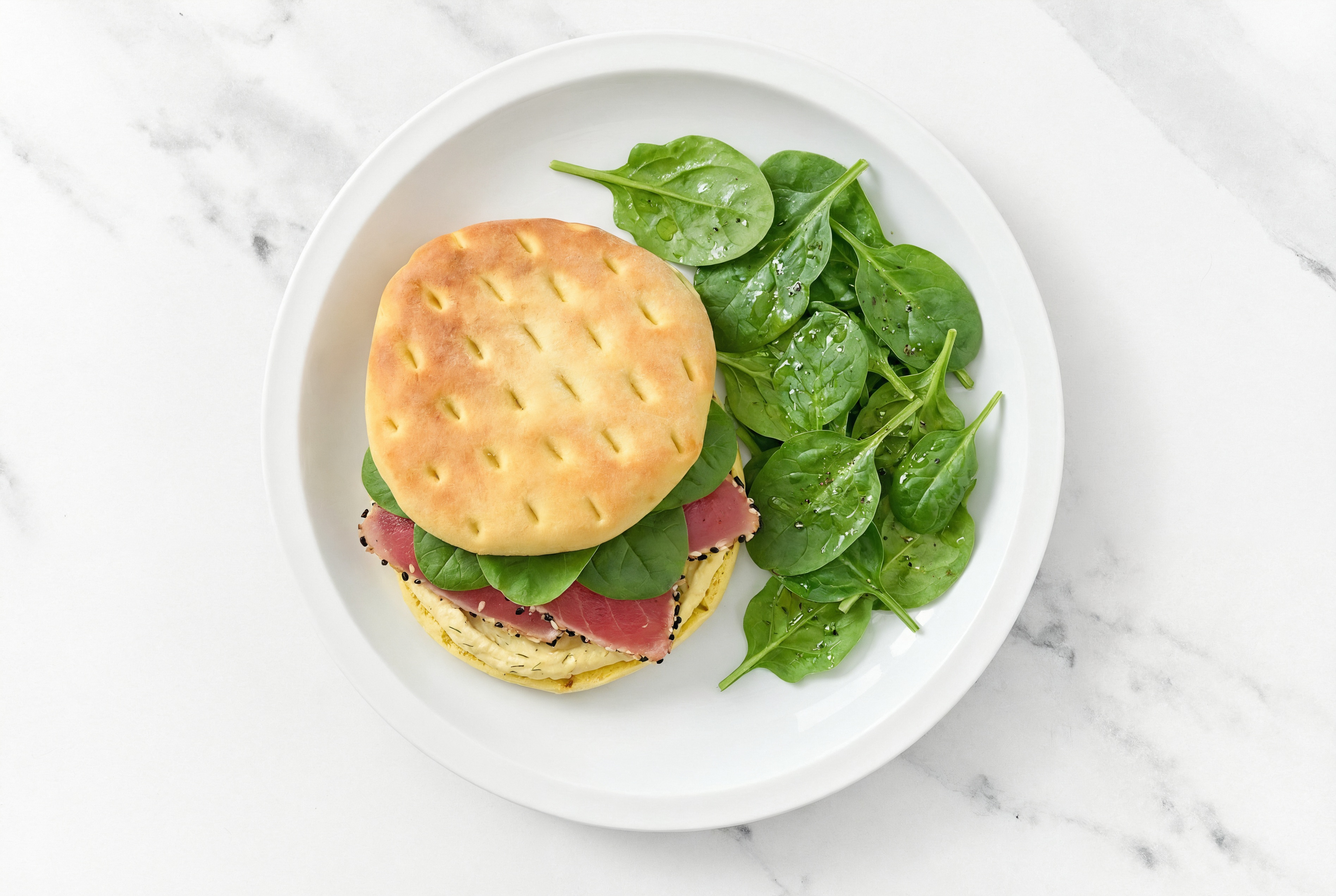 Herby Creamy Smoked Tuna + Greens Sandwich with Baby Spinach