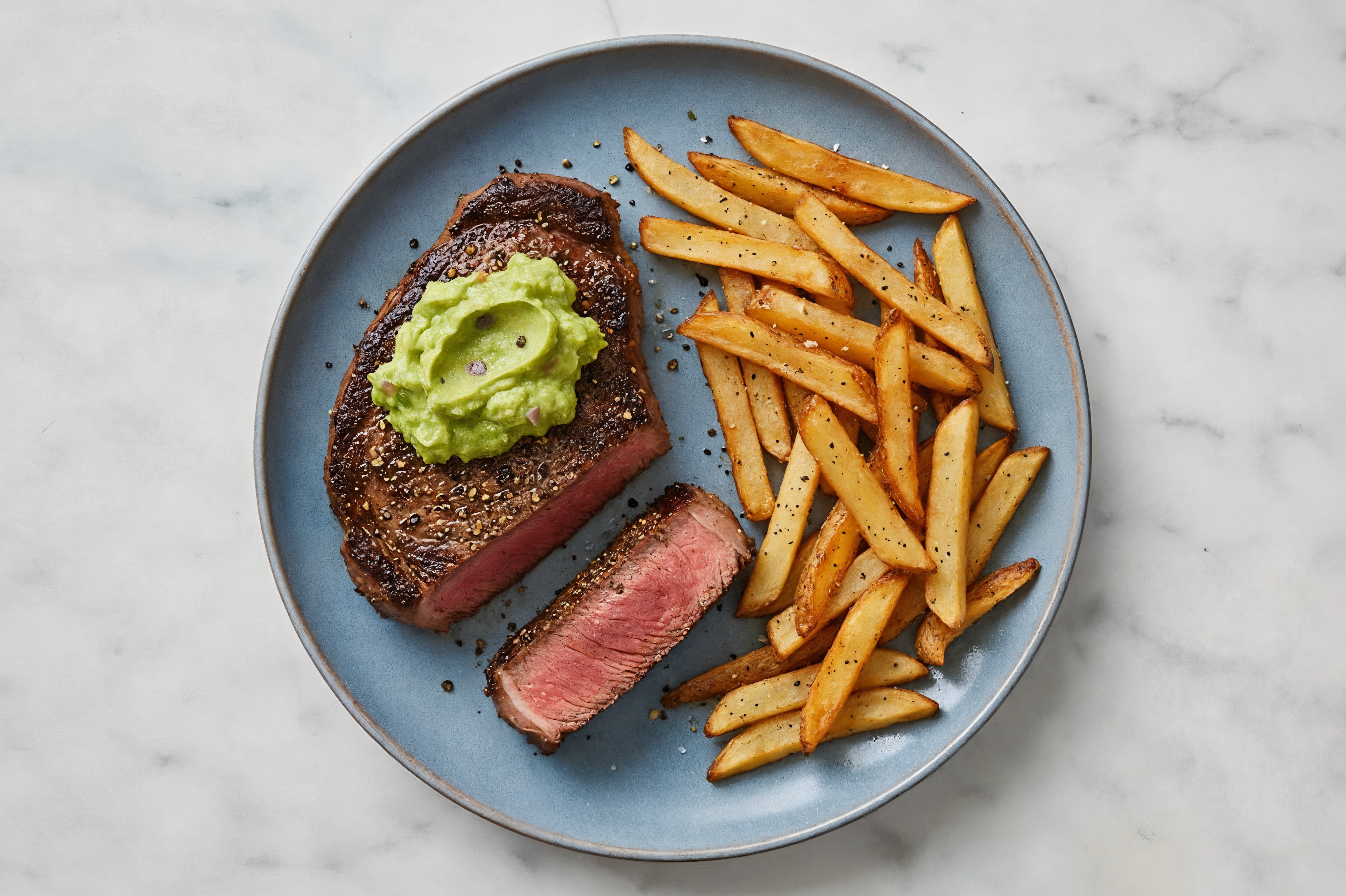 Seared Strip Steak with Oven Fries + Guacamole