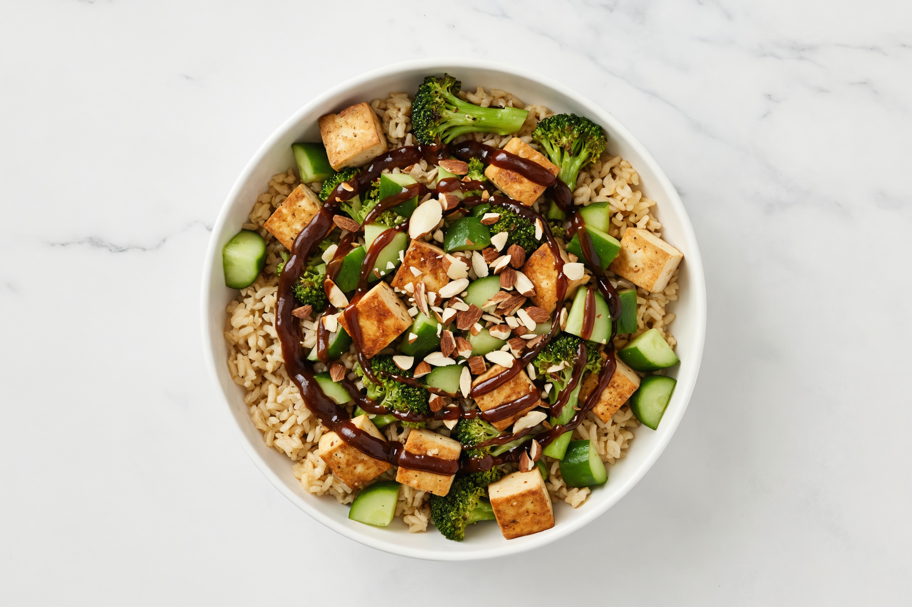 Crunchy Almond BBQ Bowl with Cucumber, Broccoli + Tofu