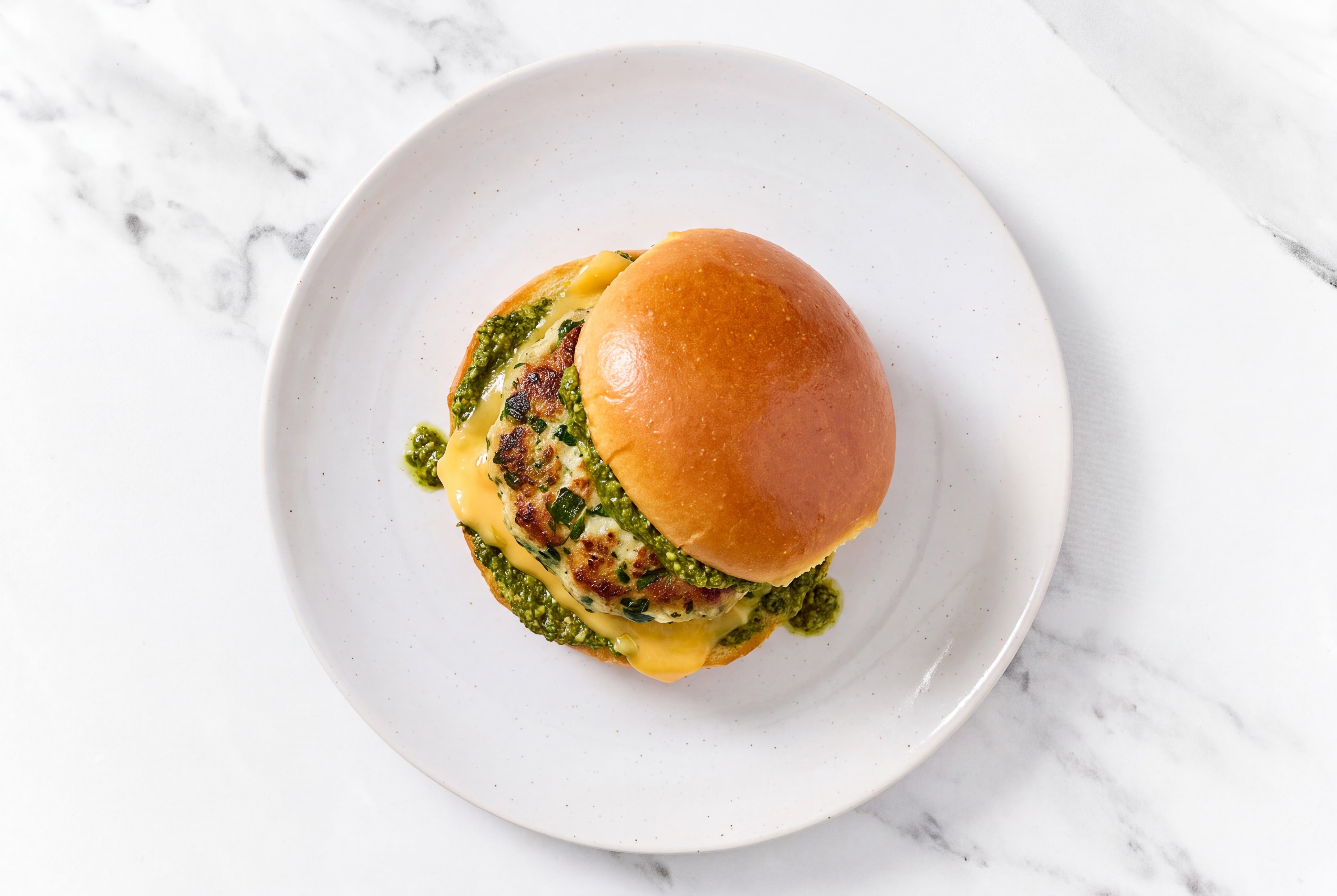 Garlic Turkey Burger Buns on Brioche with Spinach Pesto & American