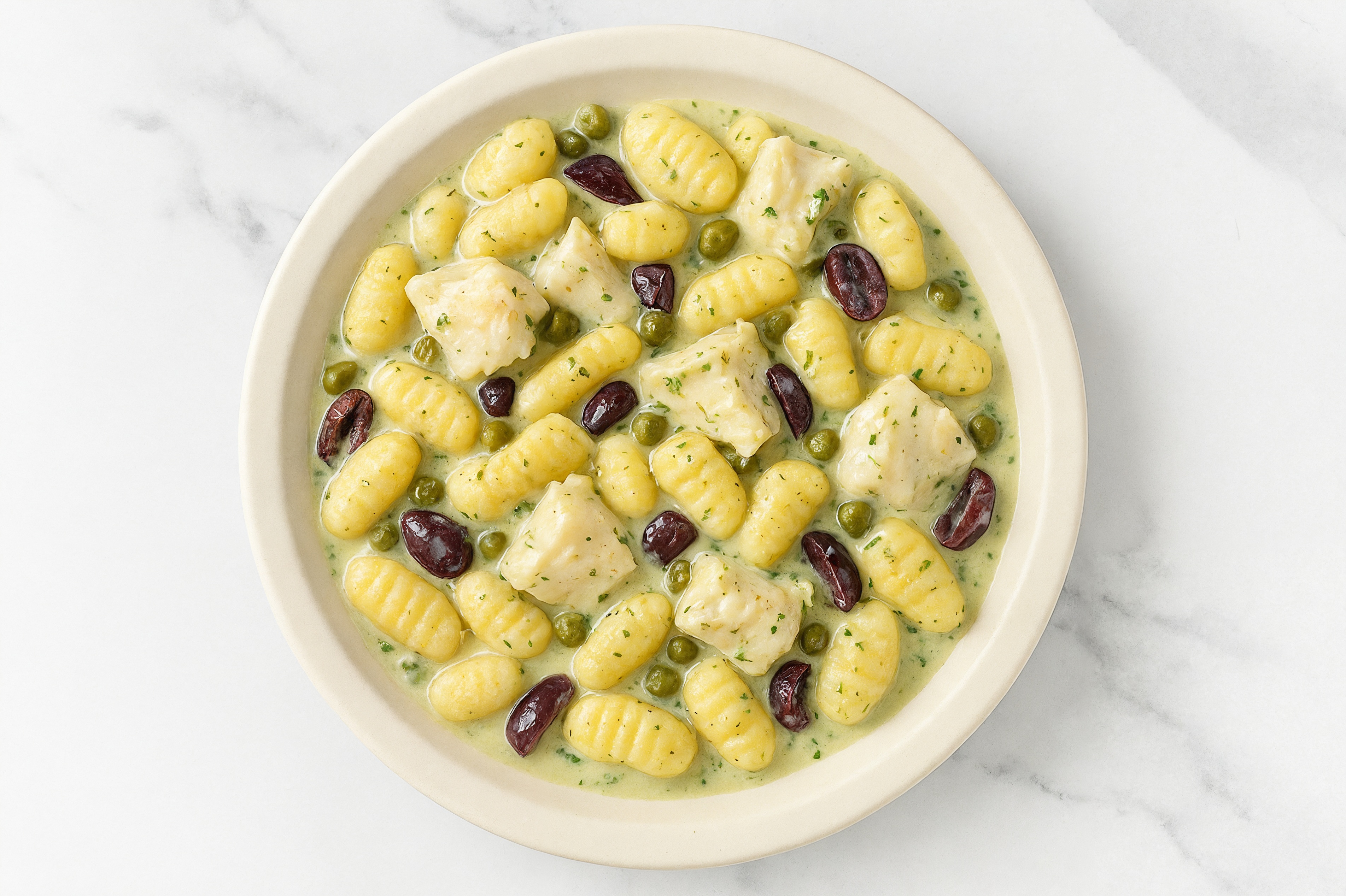 Herby Cod Gnocchi with Kalamata Olives + Foraged Capers