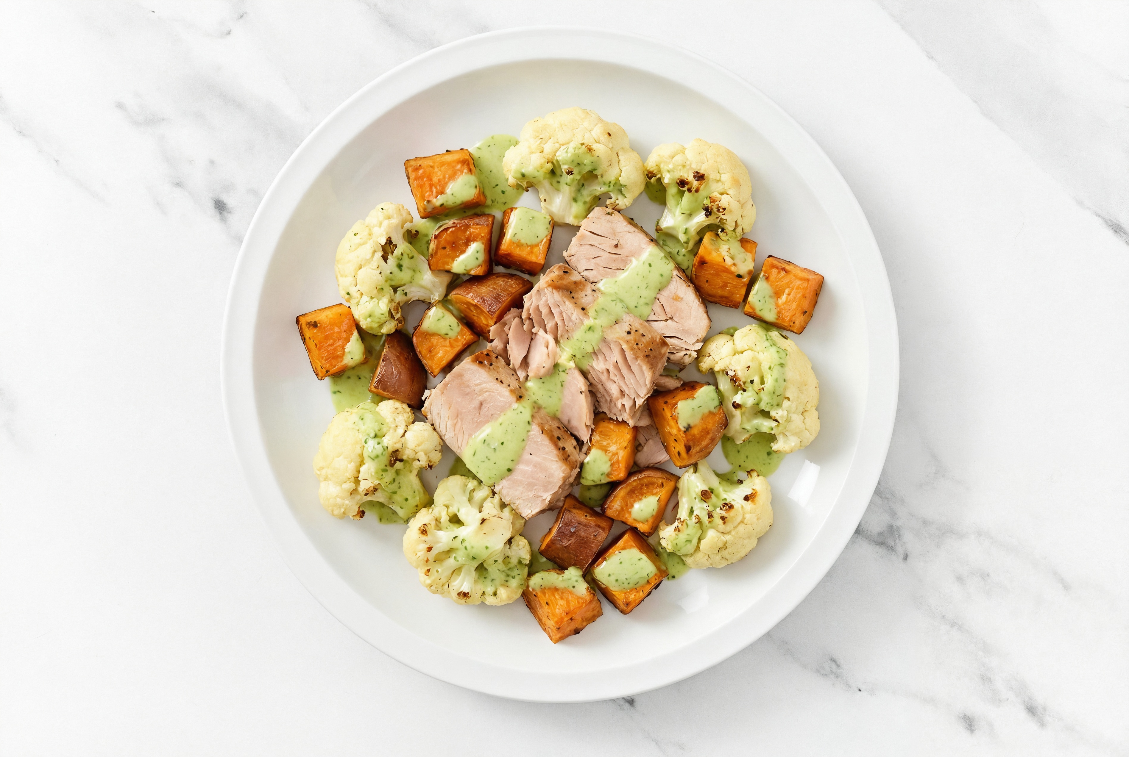 Sheet Pan Green Goddess-Tuna with Sweet Potatoes & Cauliflower Florets