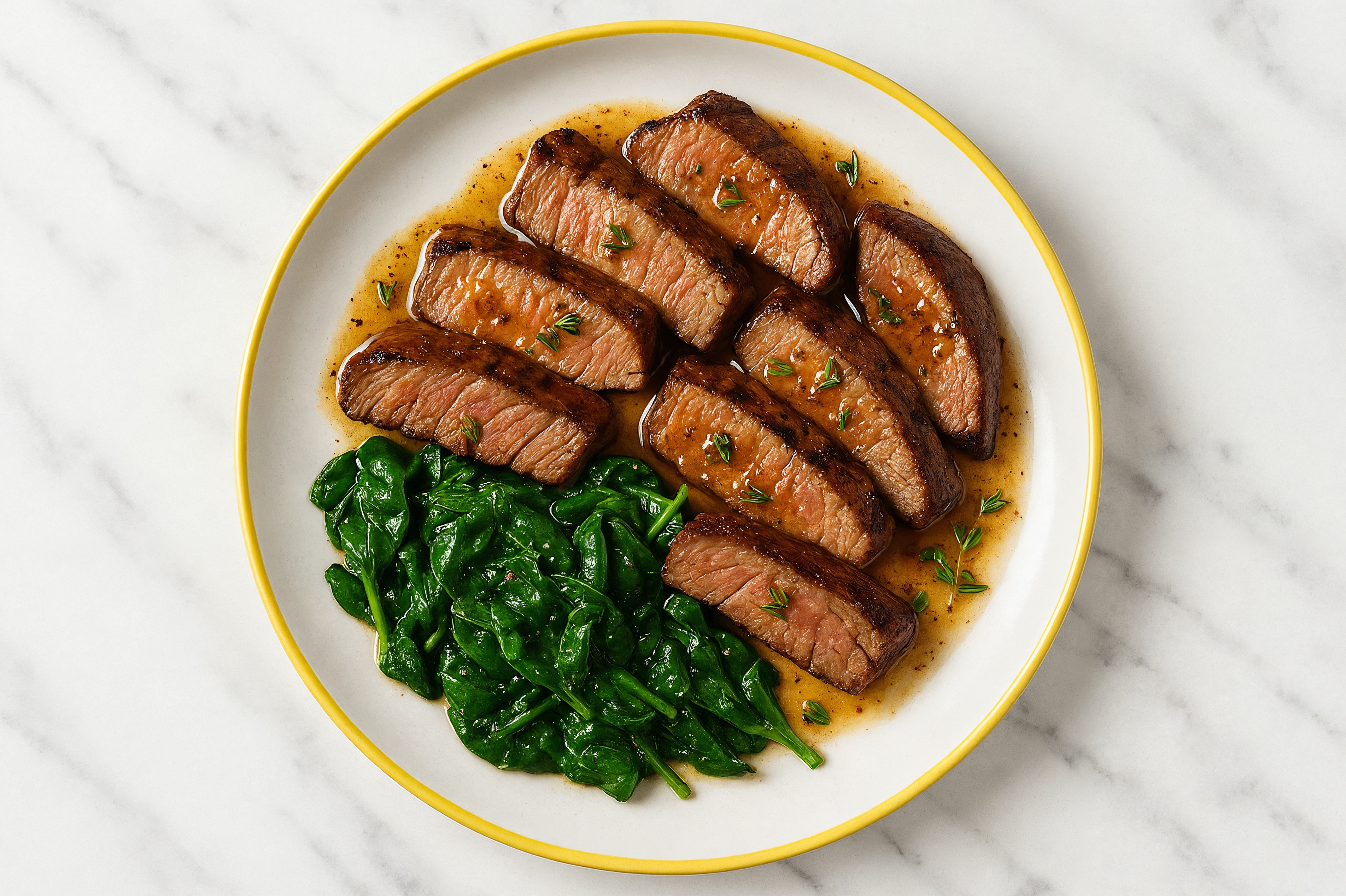 Buttery Slow Churned Lemon & Peppercorn Pasture Butter Thyme Sirloin Steak + Baby Spinach