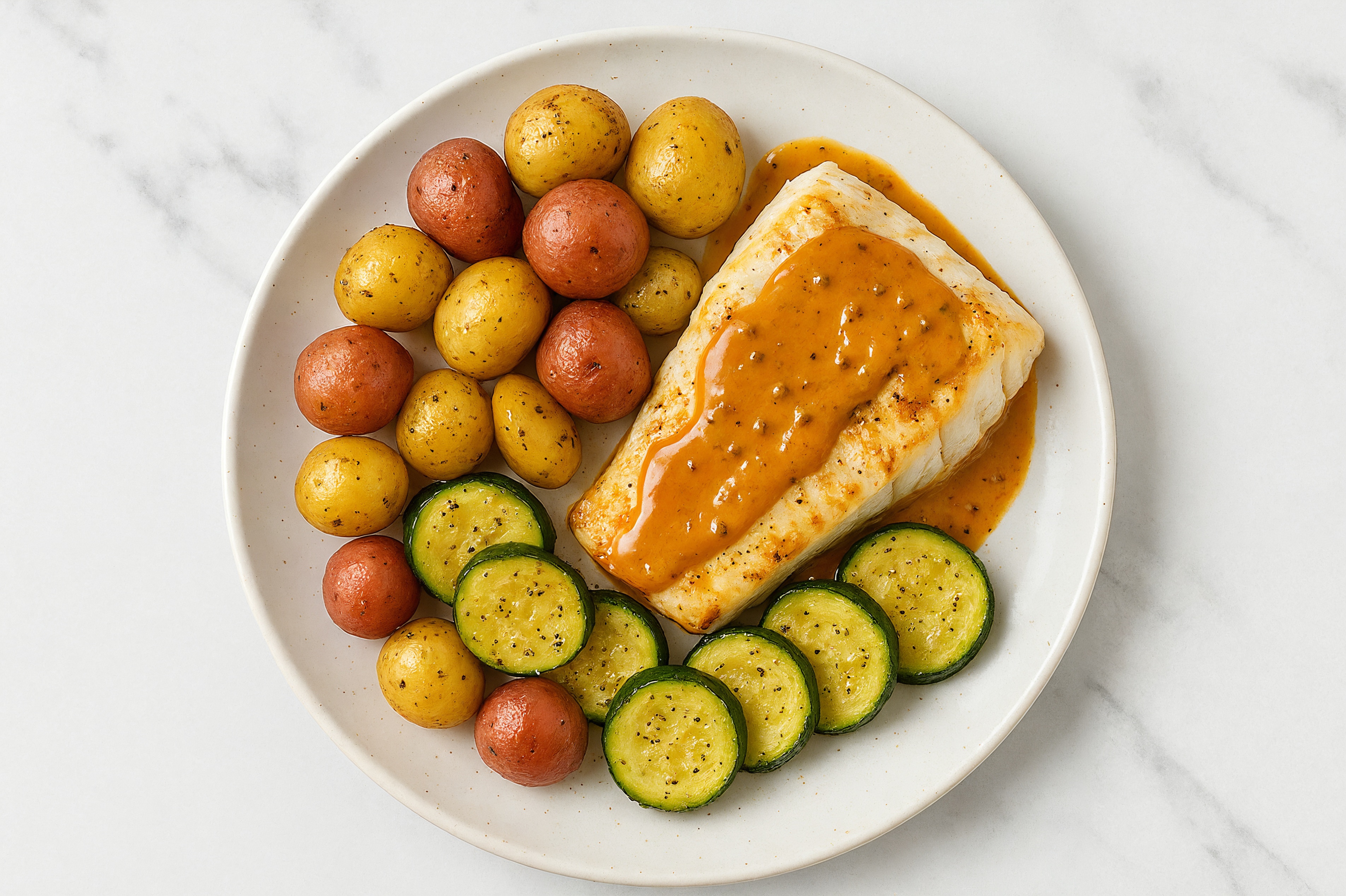 Halibut, Zucchini + Creamer Potatoes with Creamy Smoky BBQ