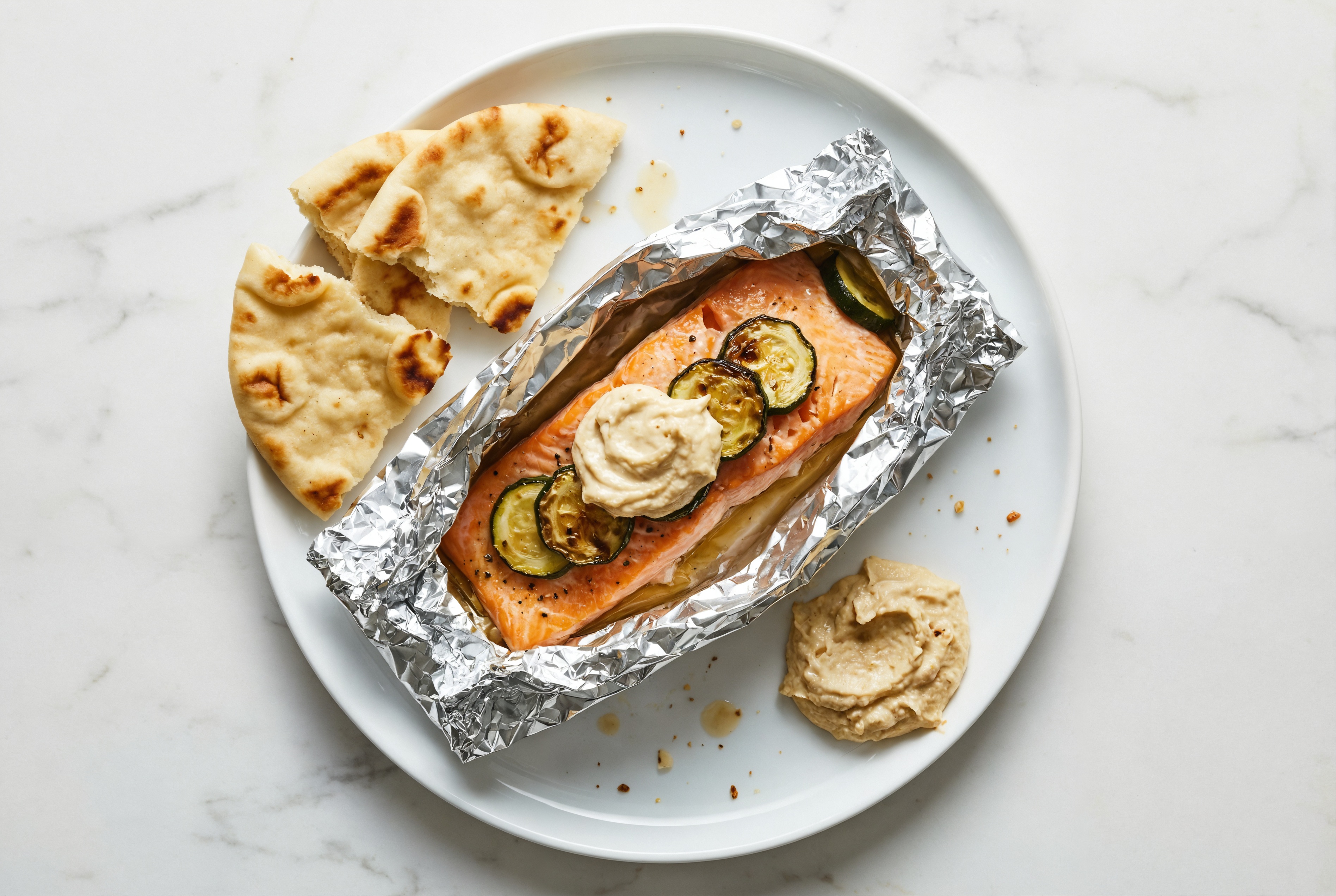 Roast + Ready Salmon + Veggies with Toasted Naan with French Onion Hummus