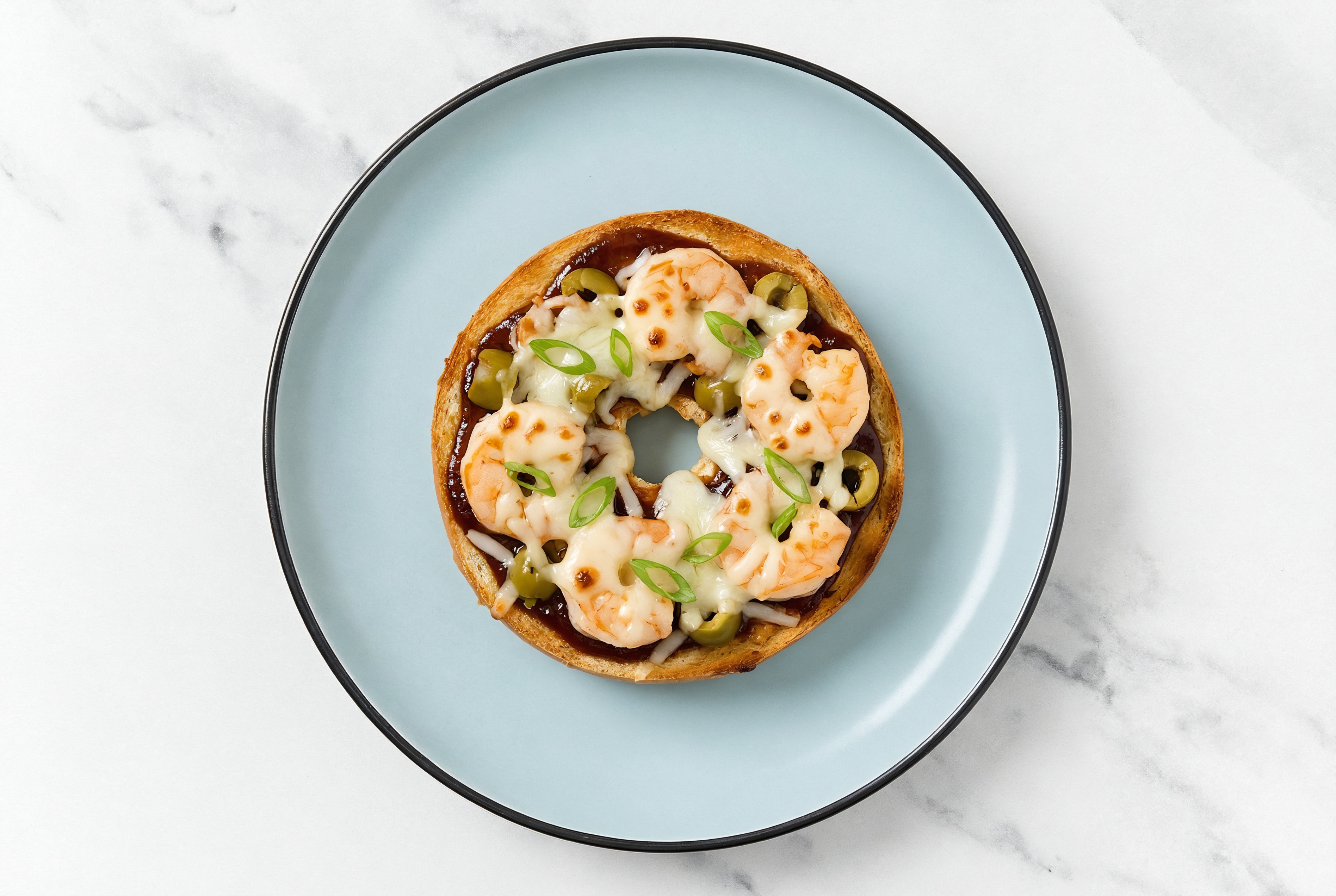  BBQ Shrimp + Green Olives Pizza Gluten-Free Plain Bagels with Scallions