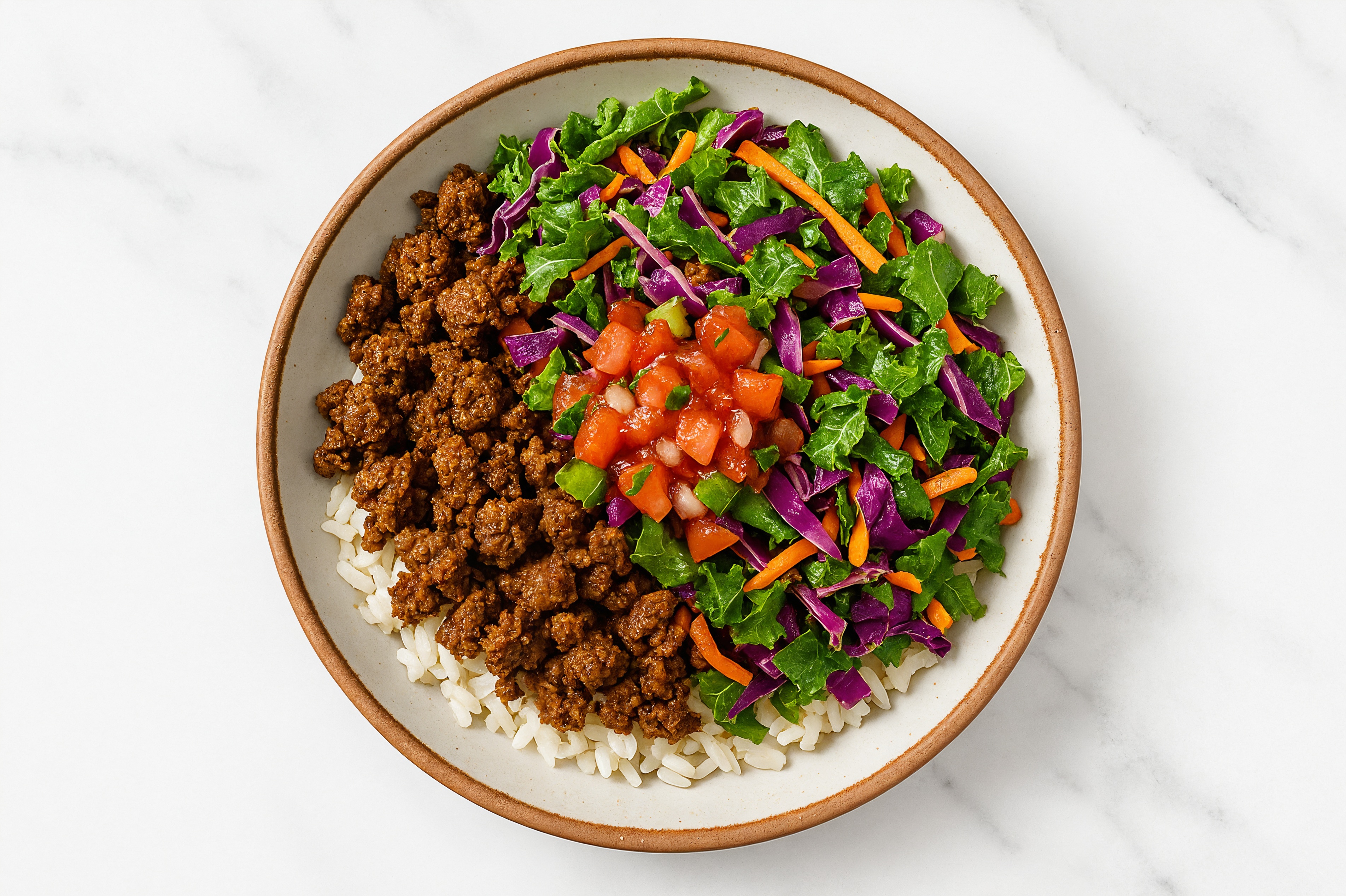 Beef Taco-Style Rice Bowl with Salsa + Kale Mix