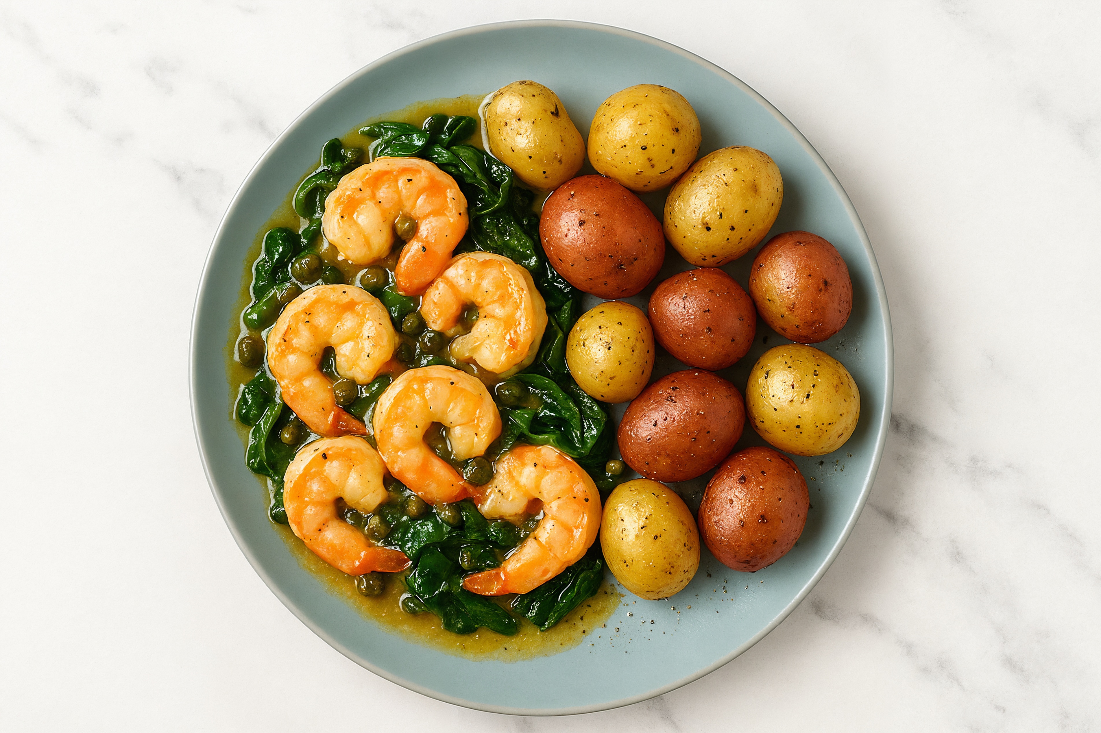 Caper-Slow Churned Pasture Butter Shrimp with Creamer Potatoes & Spinach