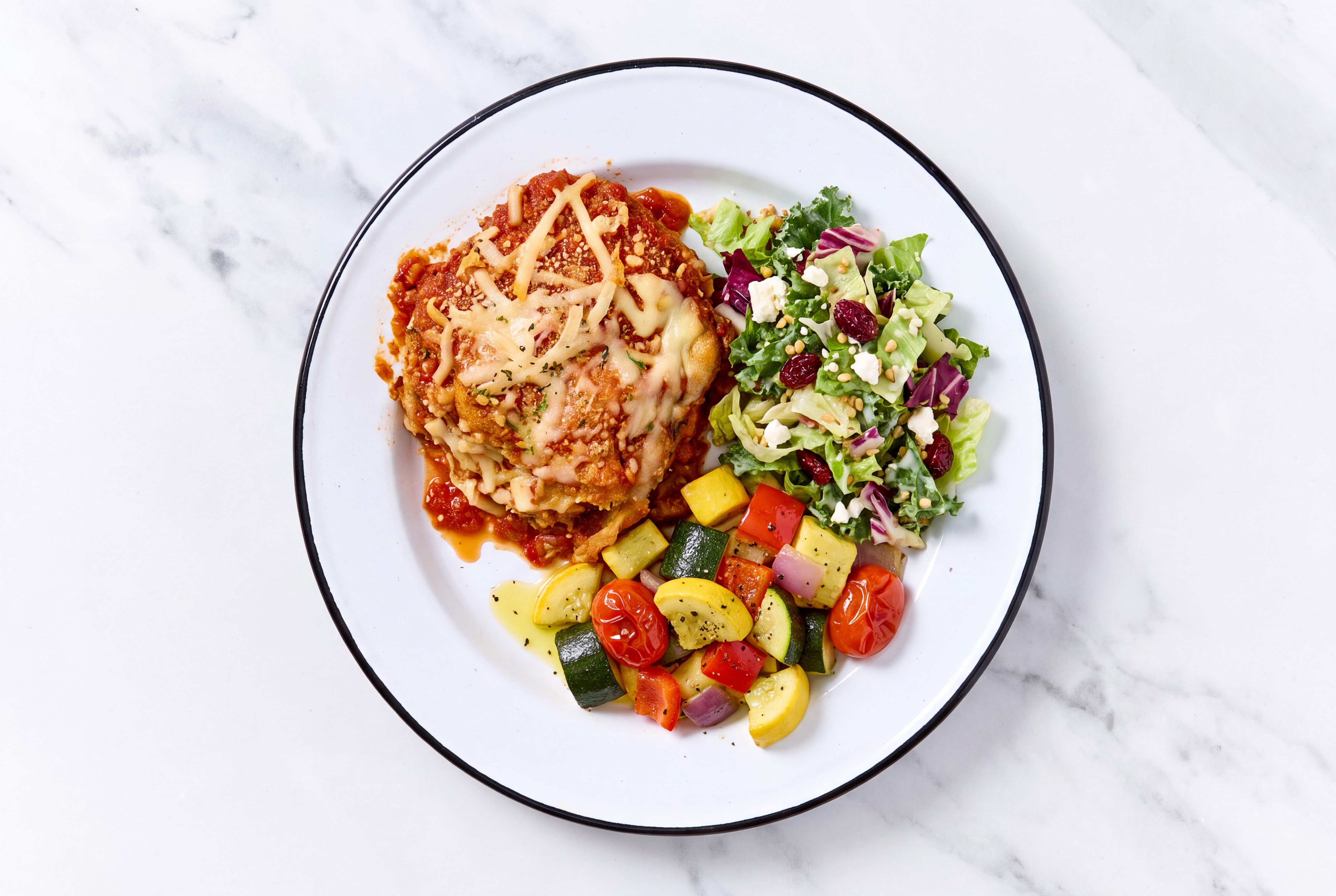 Eggplant Parmesan with Squash Skillet + Chopped Salad