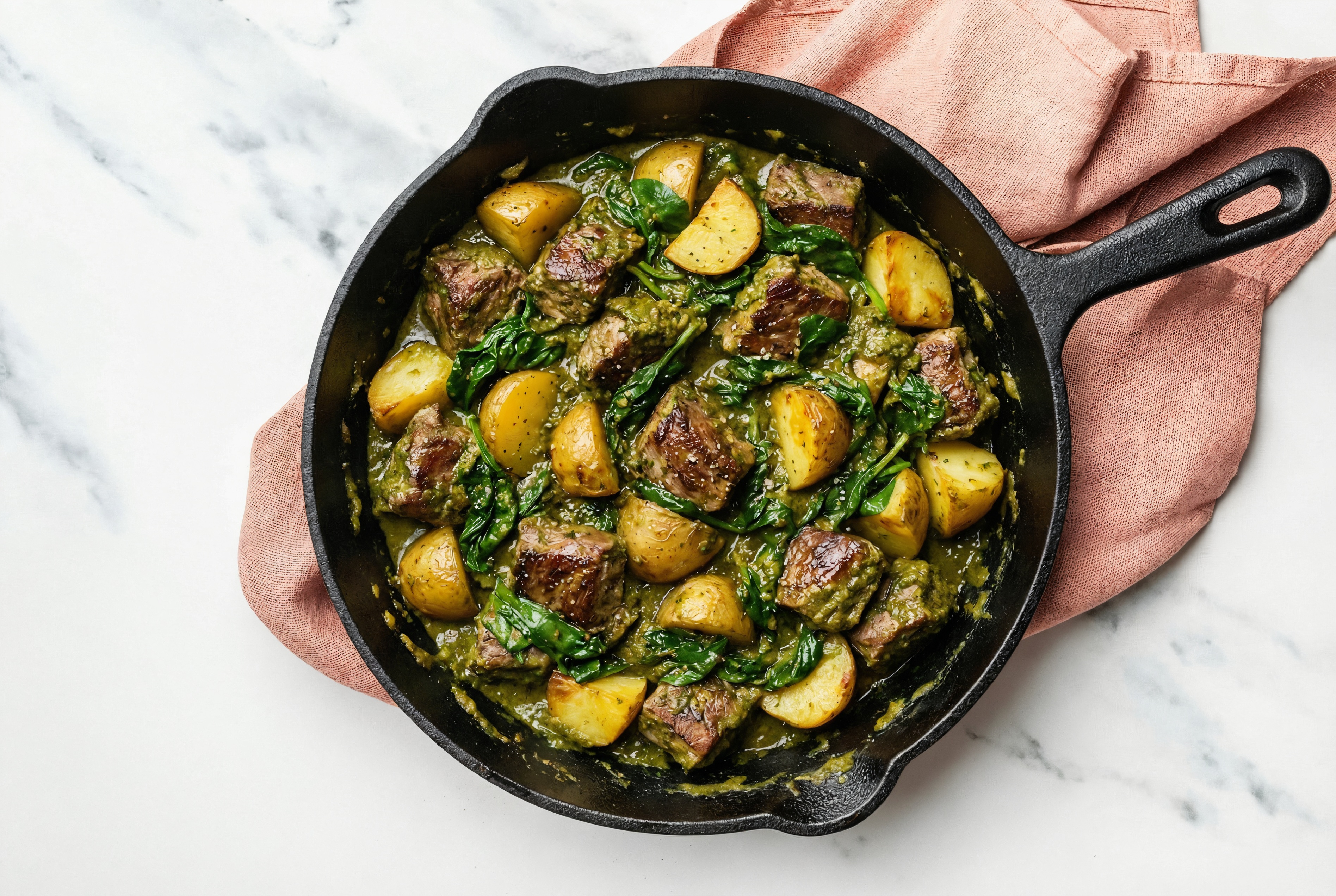 Lamb Saag with Yellow Potatoes + Spinach Saute