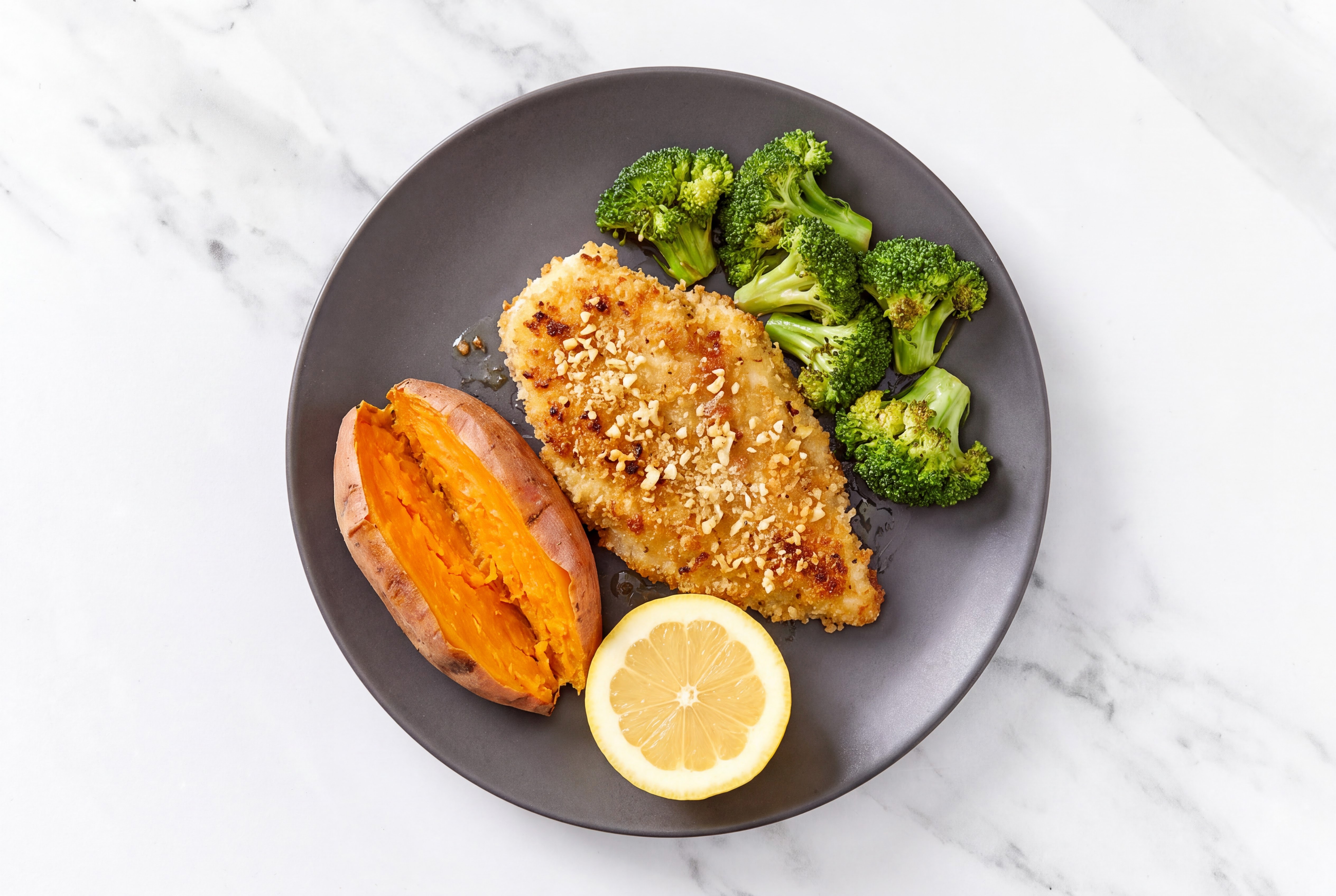 Lemon Parmesan Breaded Chicken Cutlet with Broccoli & Sweet Potato
