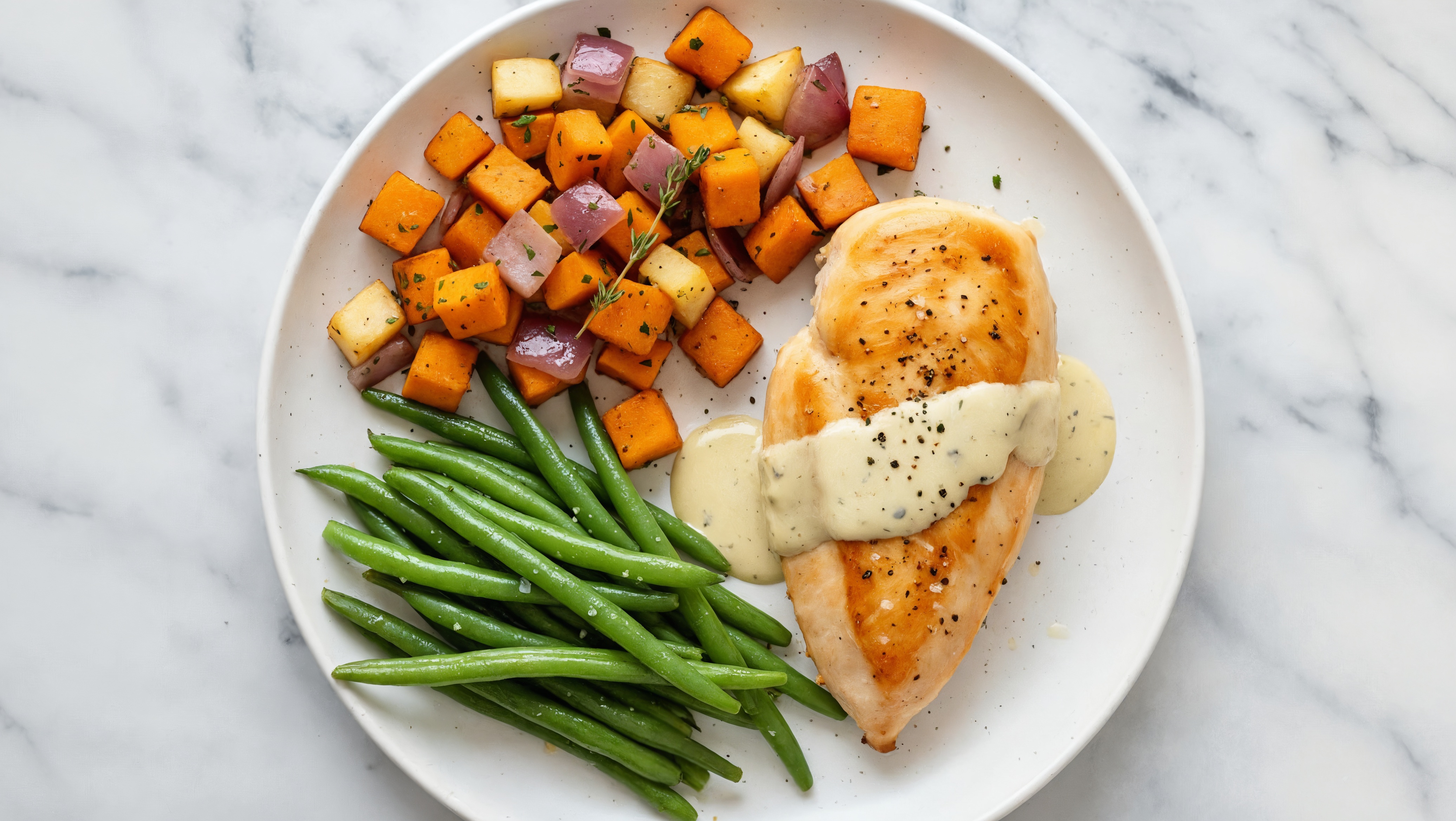 Creamy Herb Smothered Chicken Breasts with Green Beans & Roasted Vegetables