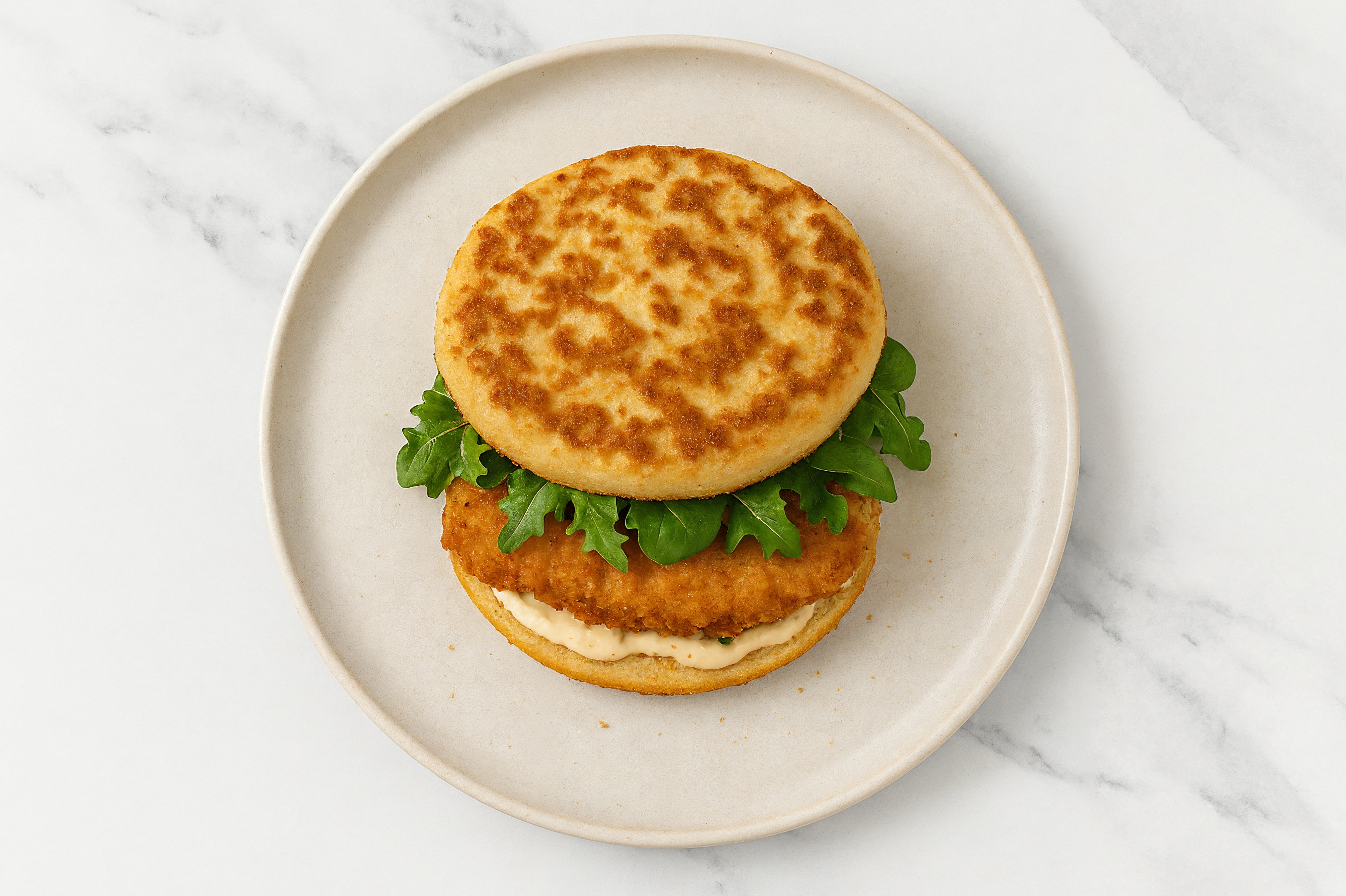 Creamy Horseradish "Chicken" Tenders Sandwich with Spring Mix on Cauliflower Rounds