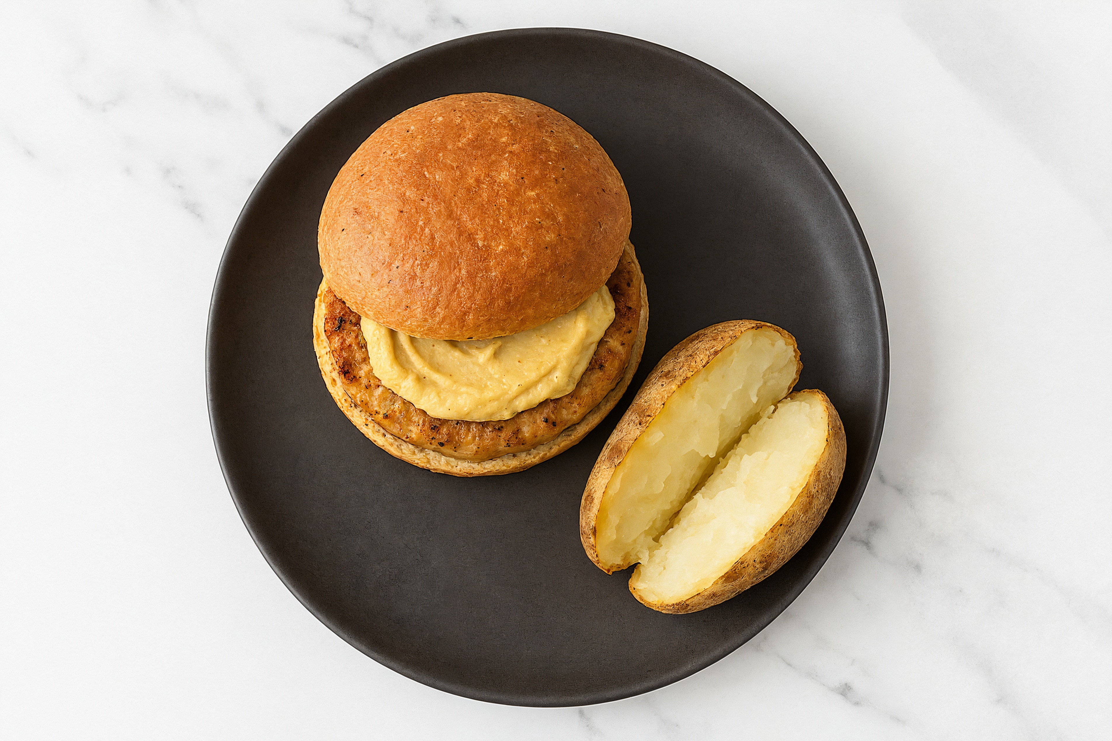 Bacon Chicken Burger with Russet Potato & Onion Hummus