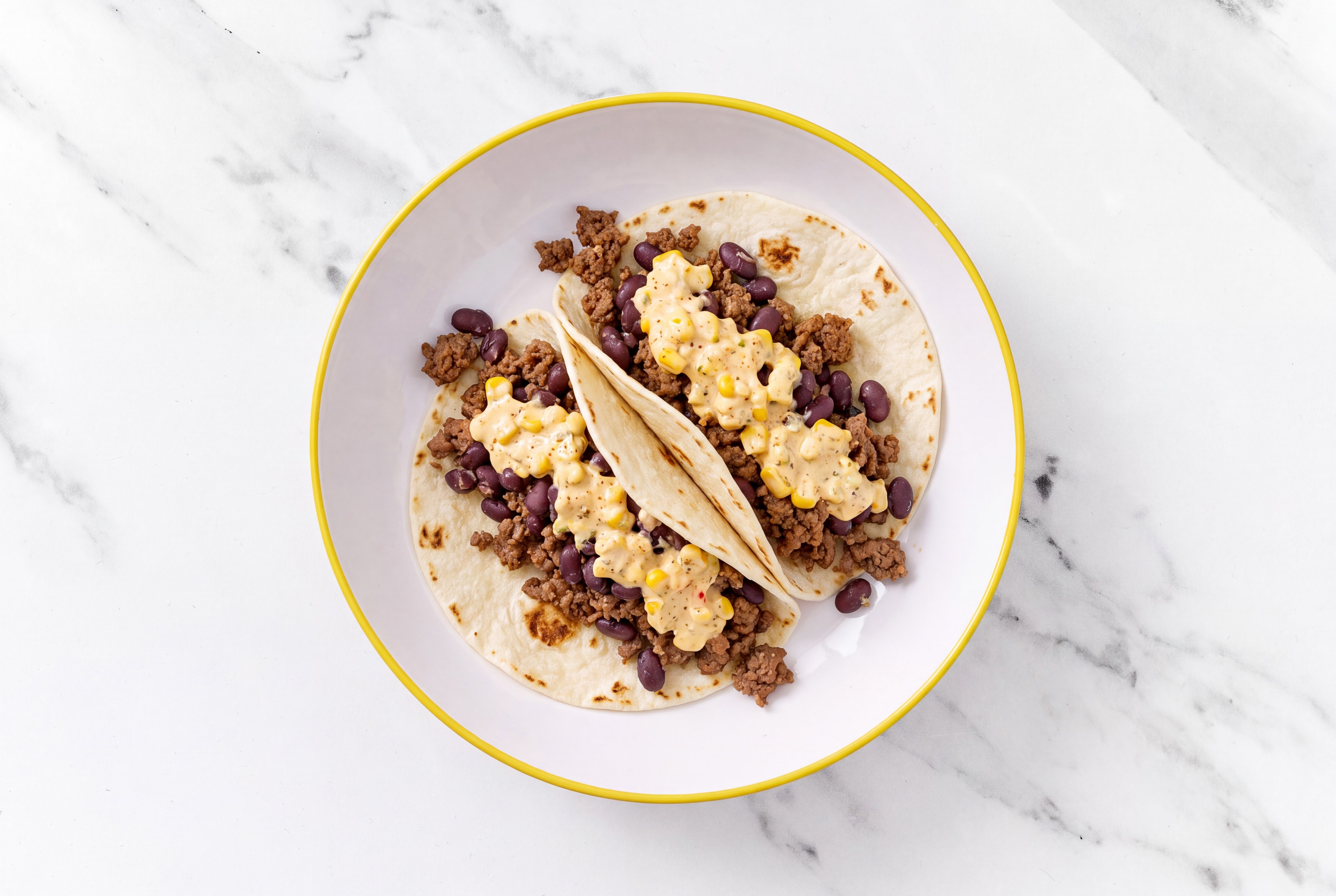  Ground 93/7 Lean Beef Tacos with Street Corn Sauce & Spiced Beans