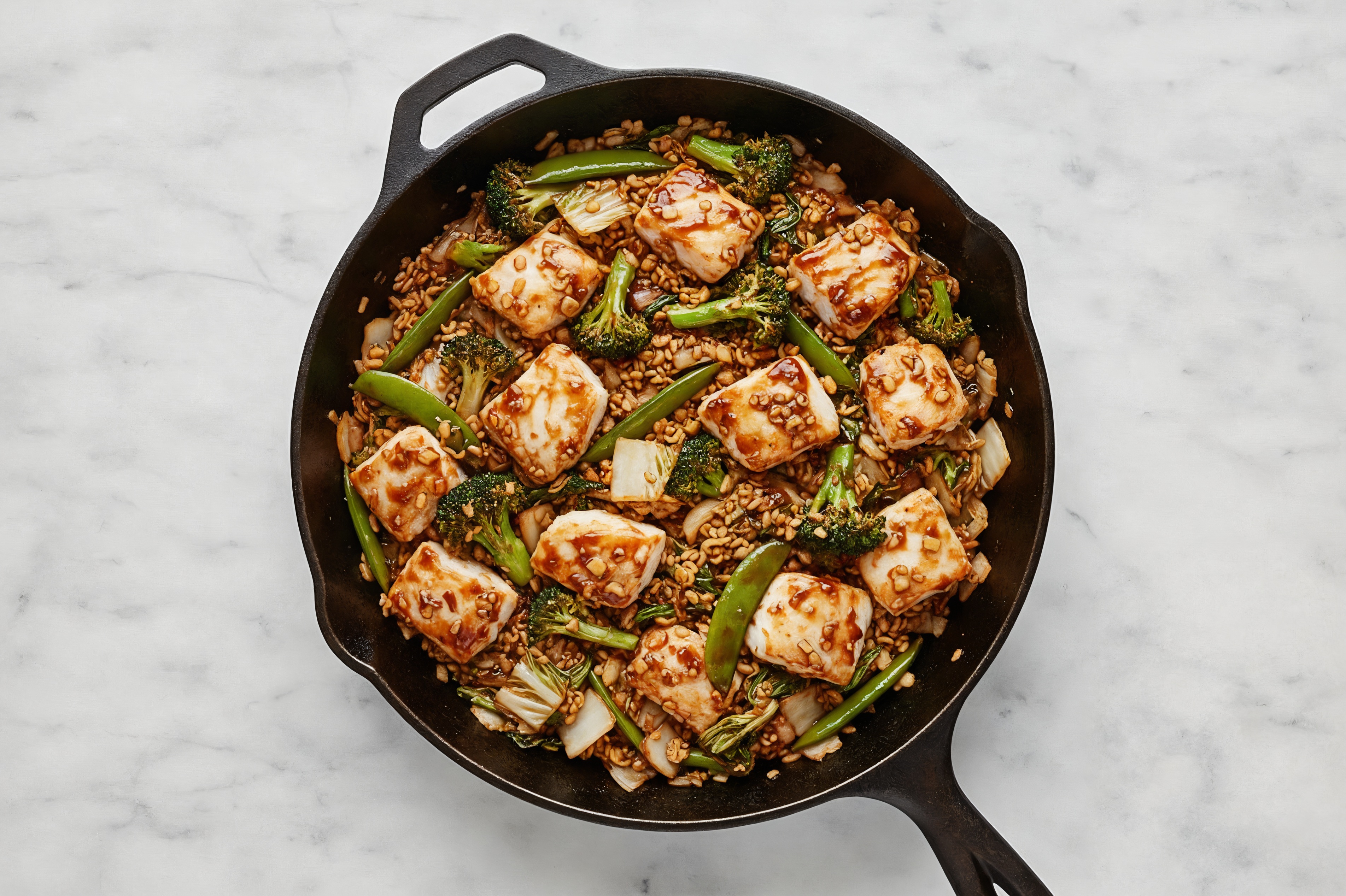 Teriyaki Bok Choy + Wild Halibut Stir-Fry with Riced Cauliflower