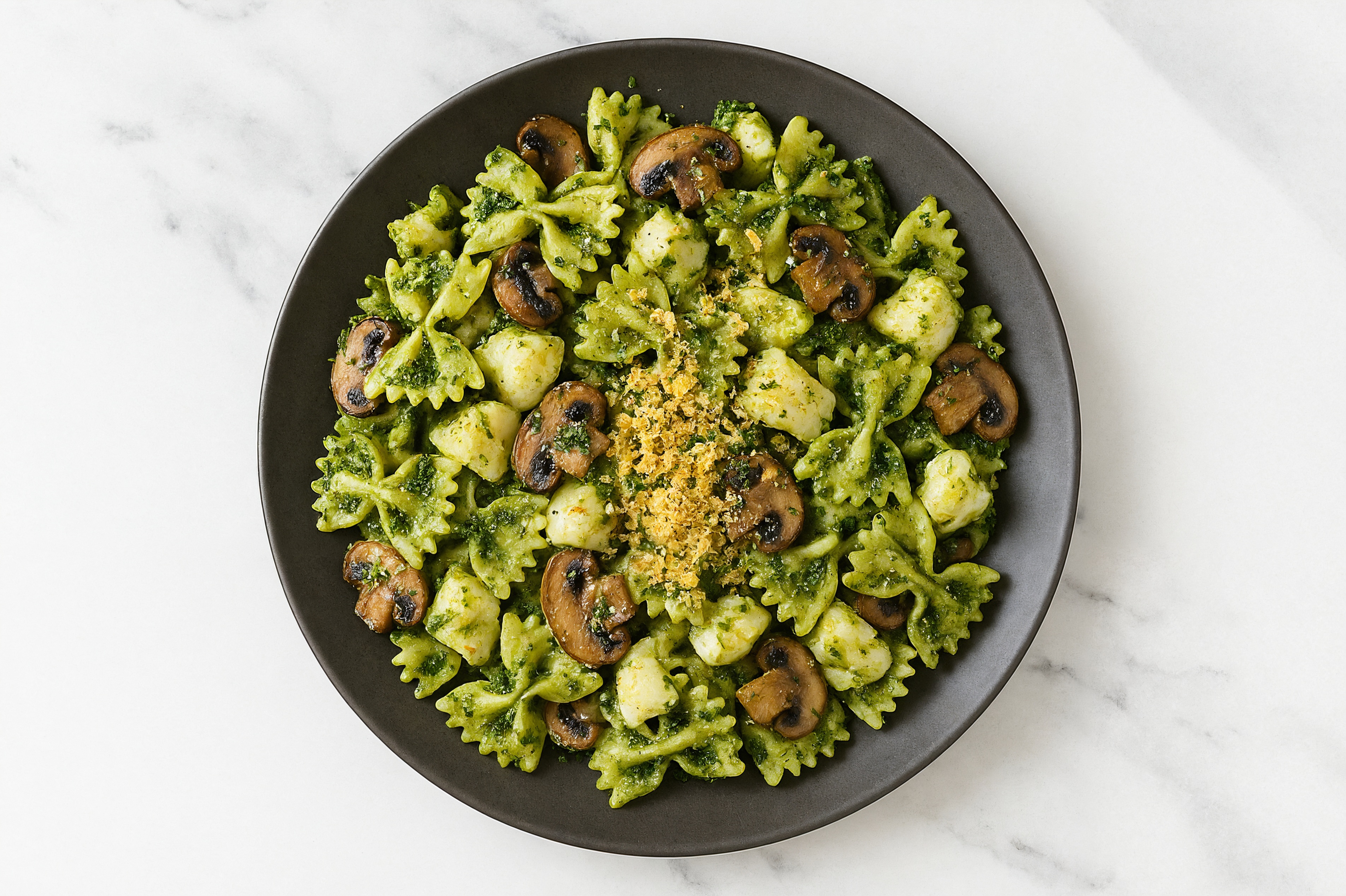 Super Green Cod Farfalle Pasta with Baby Mushrooms + Toasted Panko