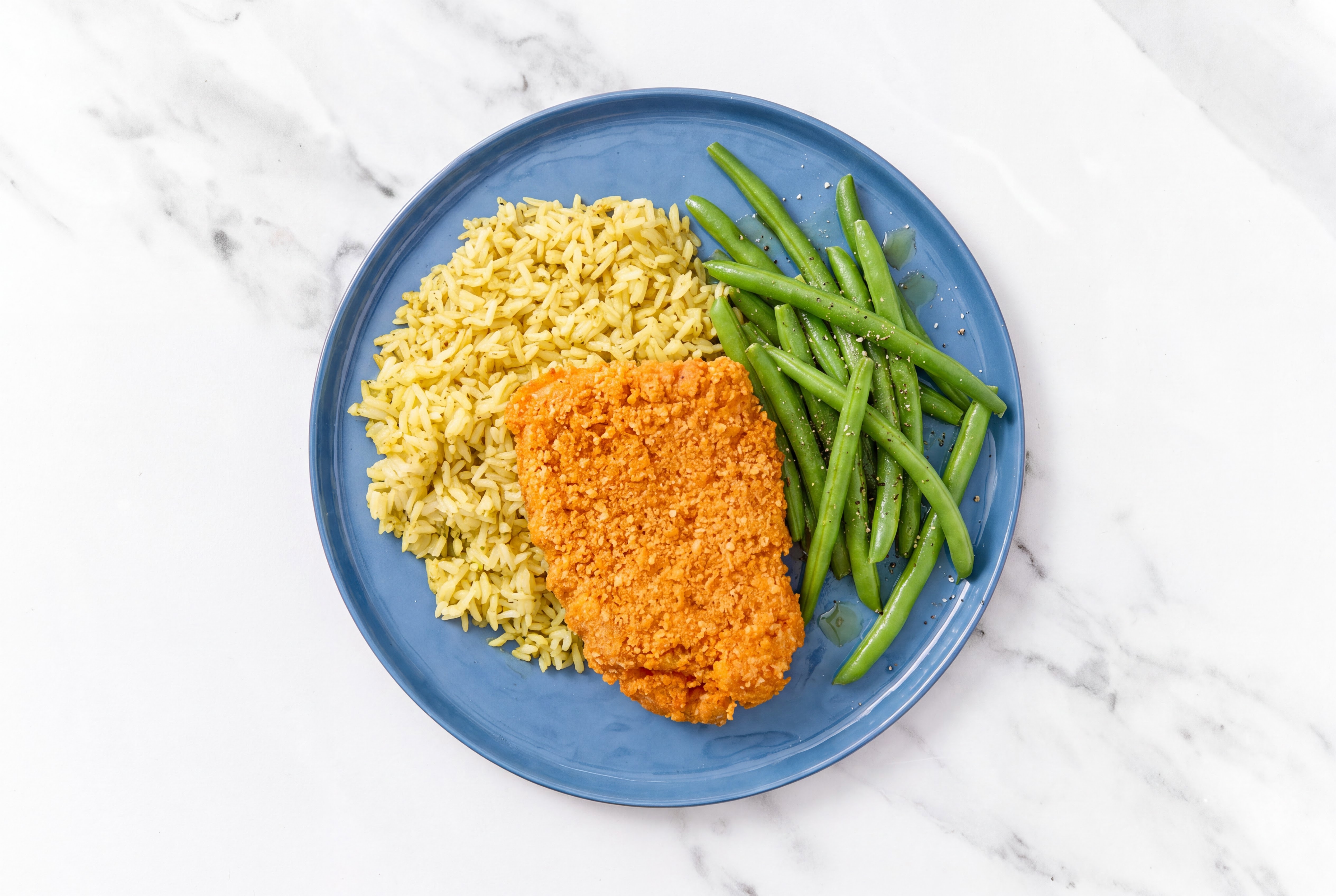 Hot Honey Breaded Chicken Cutlet with Organic Green Beans & Jasmine Rice