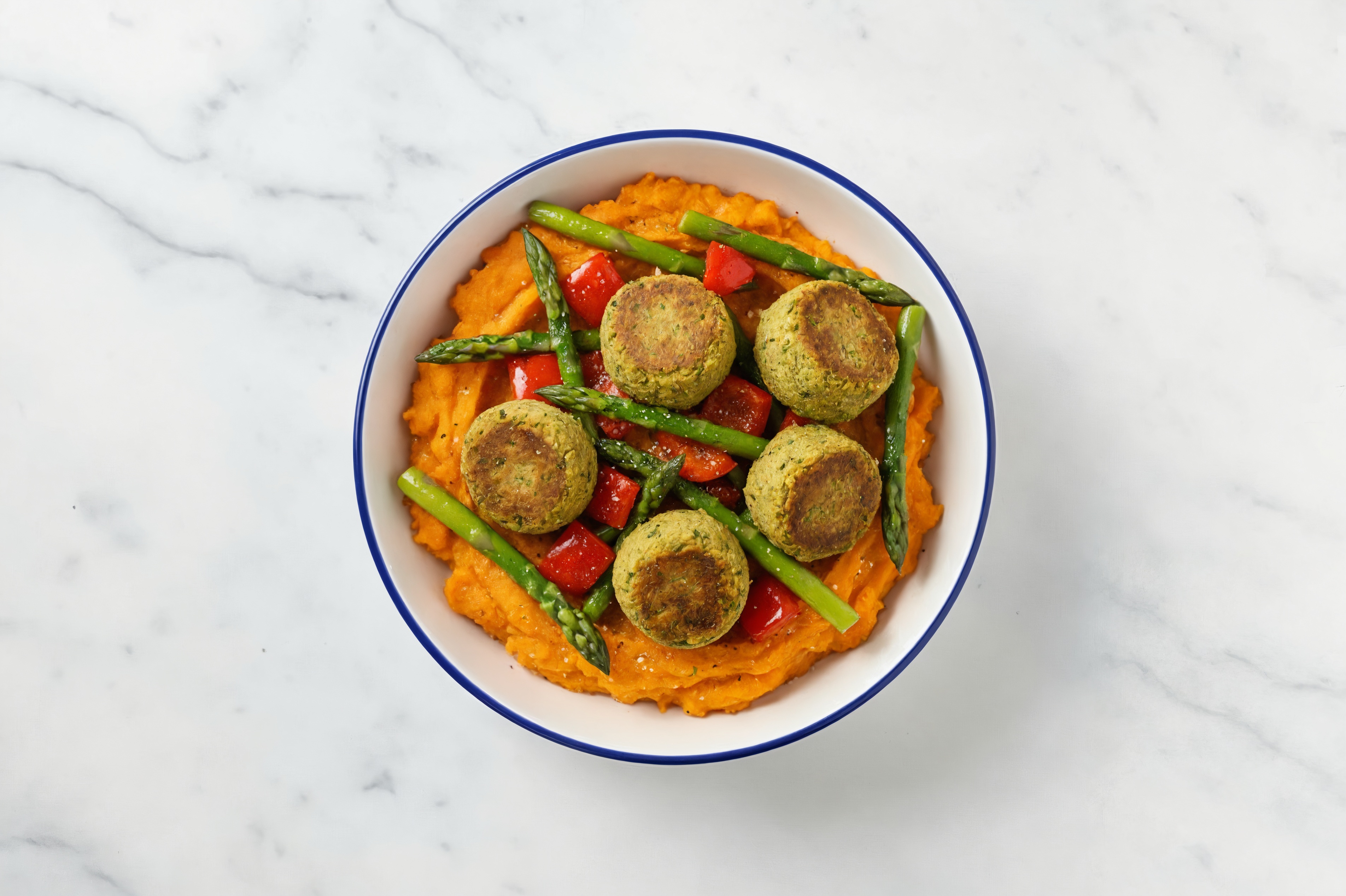 Falafel with Red Organic Pepper + Asparagus over Sweet Potato Veggie Bowl