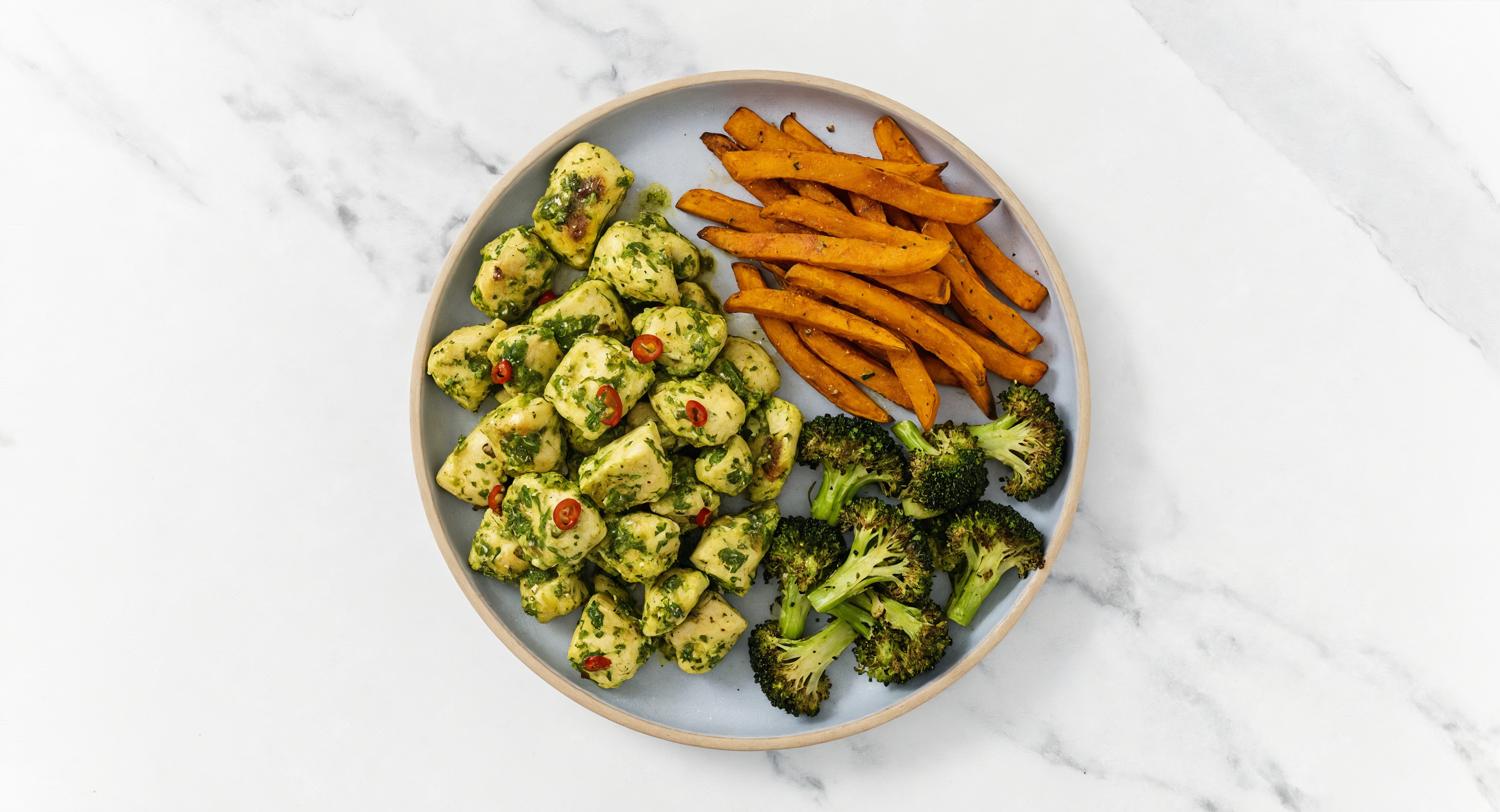 Cilantro Chicken with Broccoli Florets + Fries