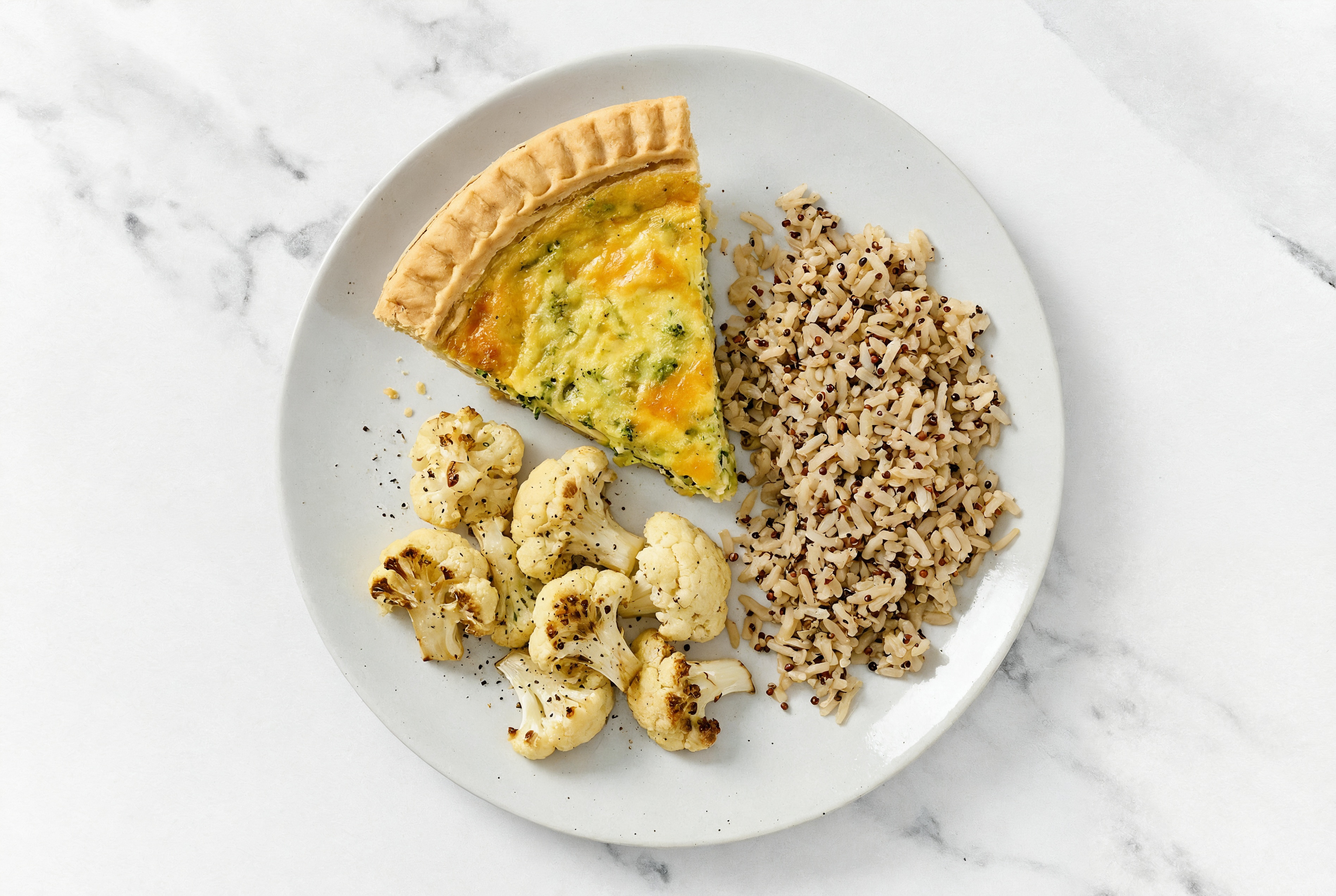 Broccoli & Cheddar Quiche with Cauliflower Florets & Quinoa Blend