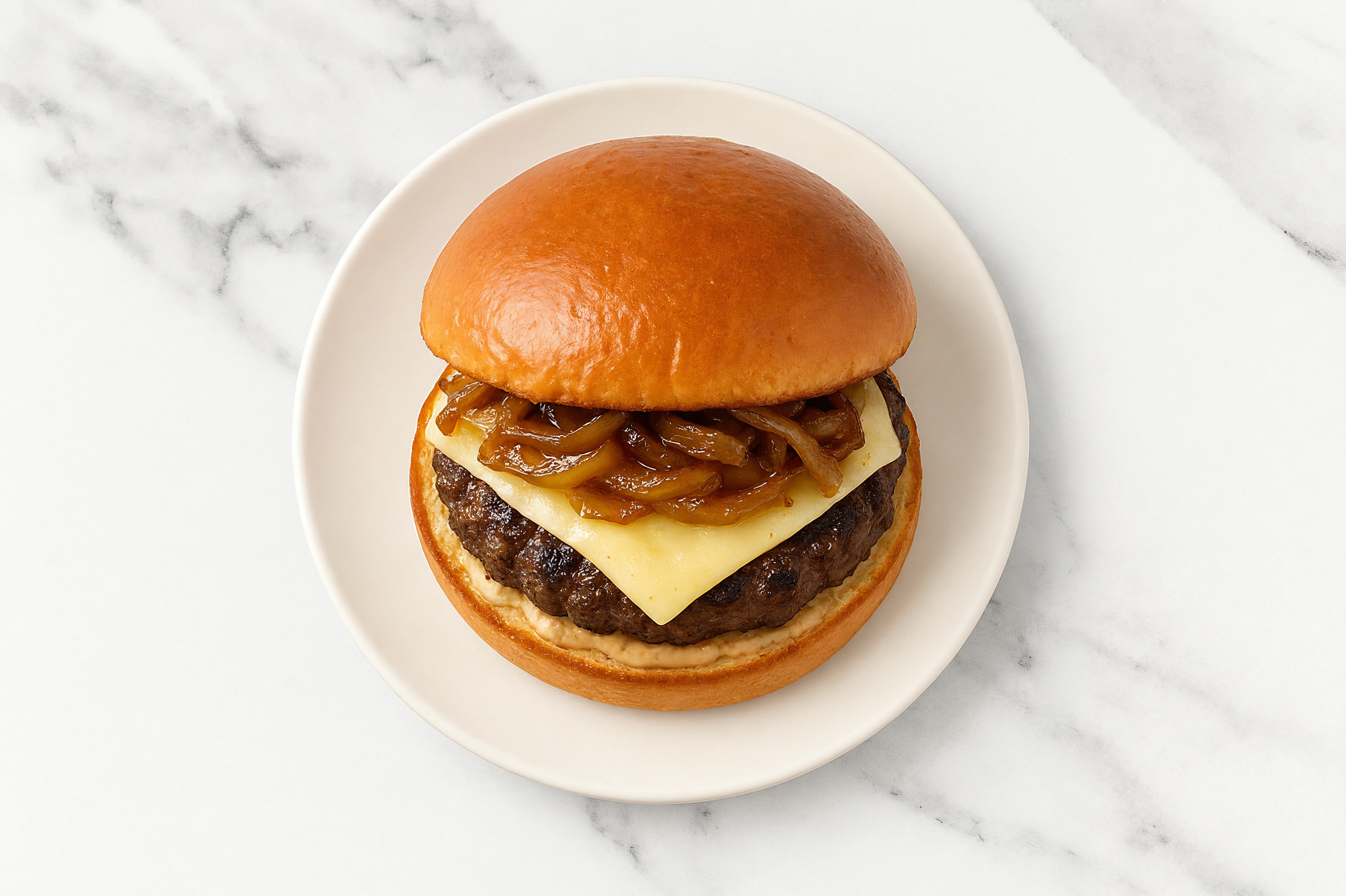 French Onion Swiss Cheeseburger on Brioche with Wagyu Beef Patties