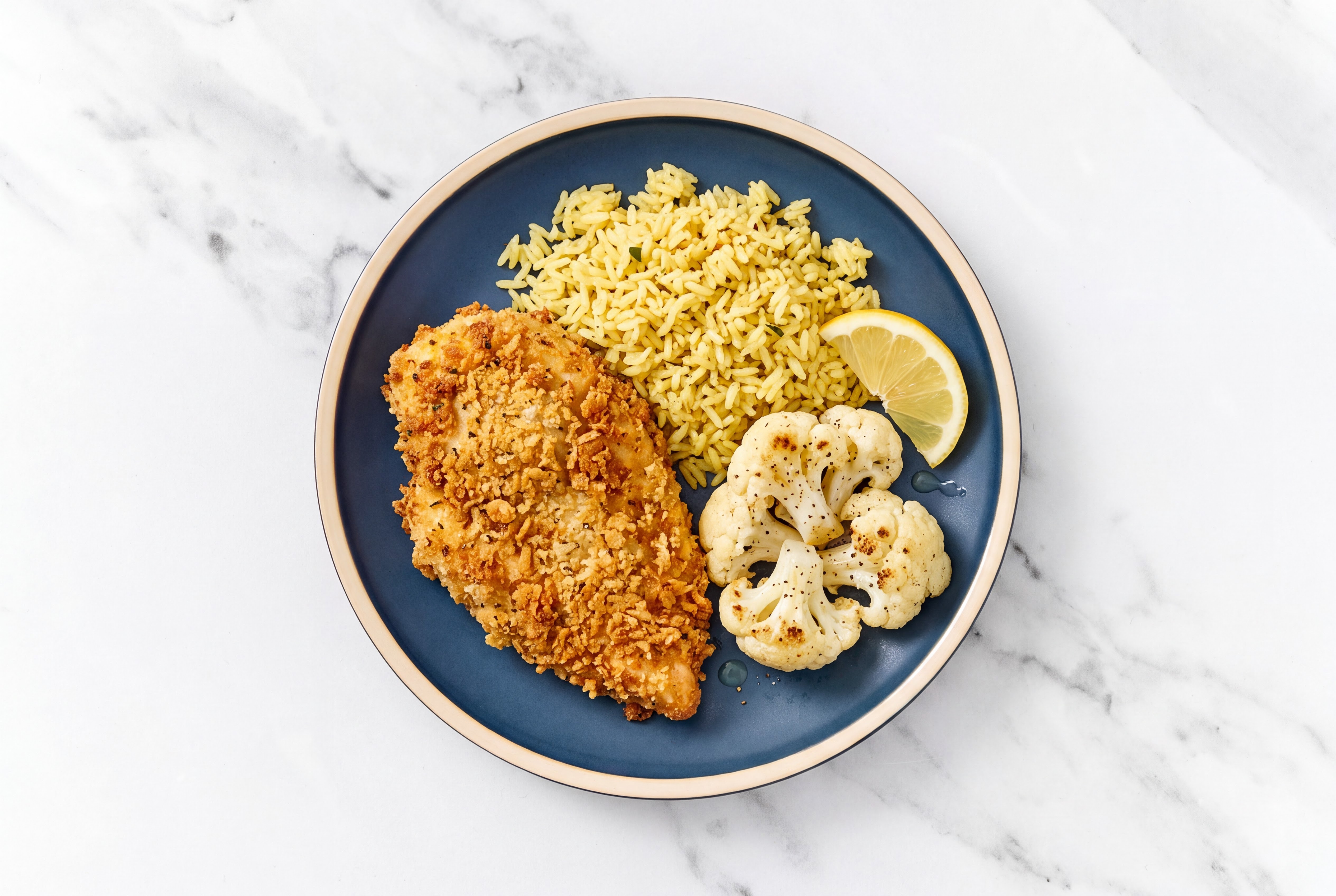 Lemon Parmesan Breaded Chicken Cutlet with Cauliflower Florets & Jasmine Rice