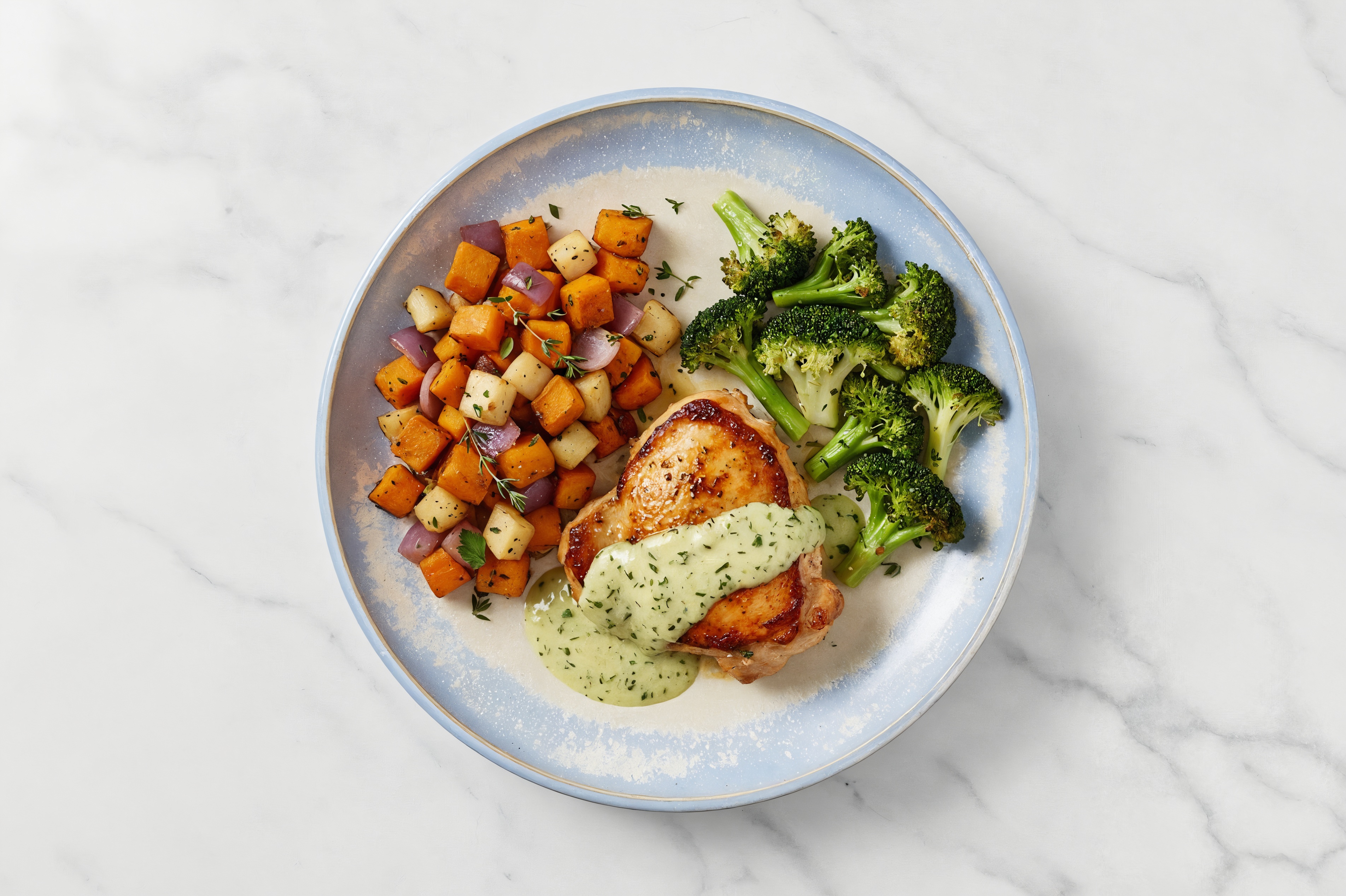 Creamy Herb Smothered Chicken Thighs with Broccoli & Roasted Vegetables