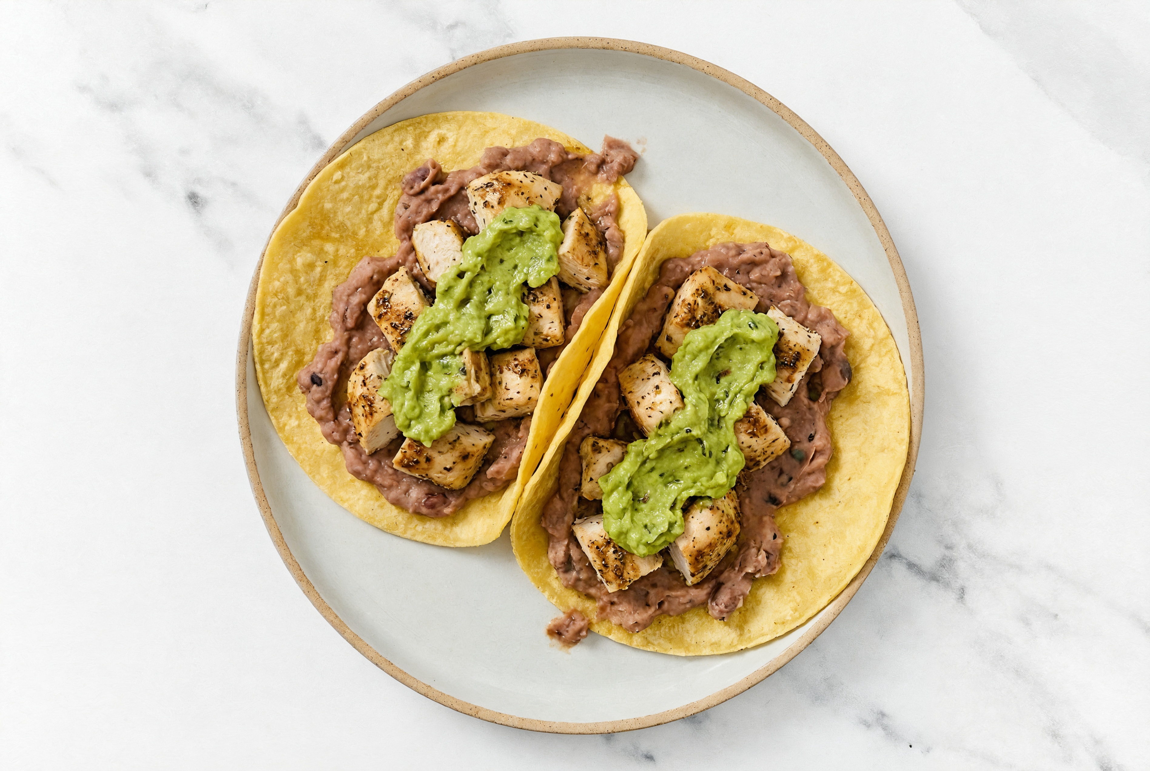 Herby Garlic Chicken Tacos with Guacamole & Refried Red Beans