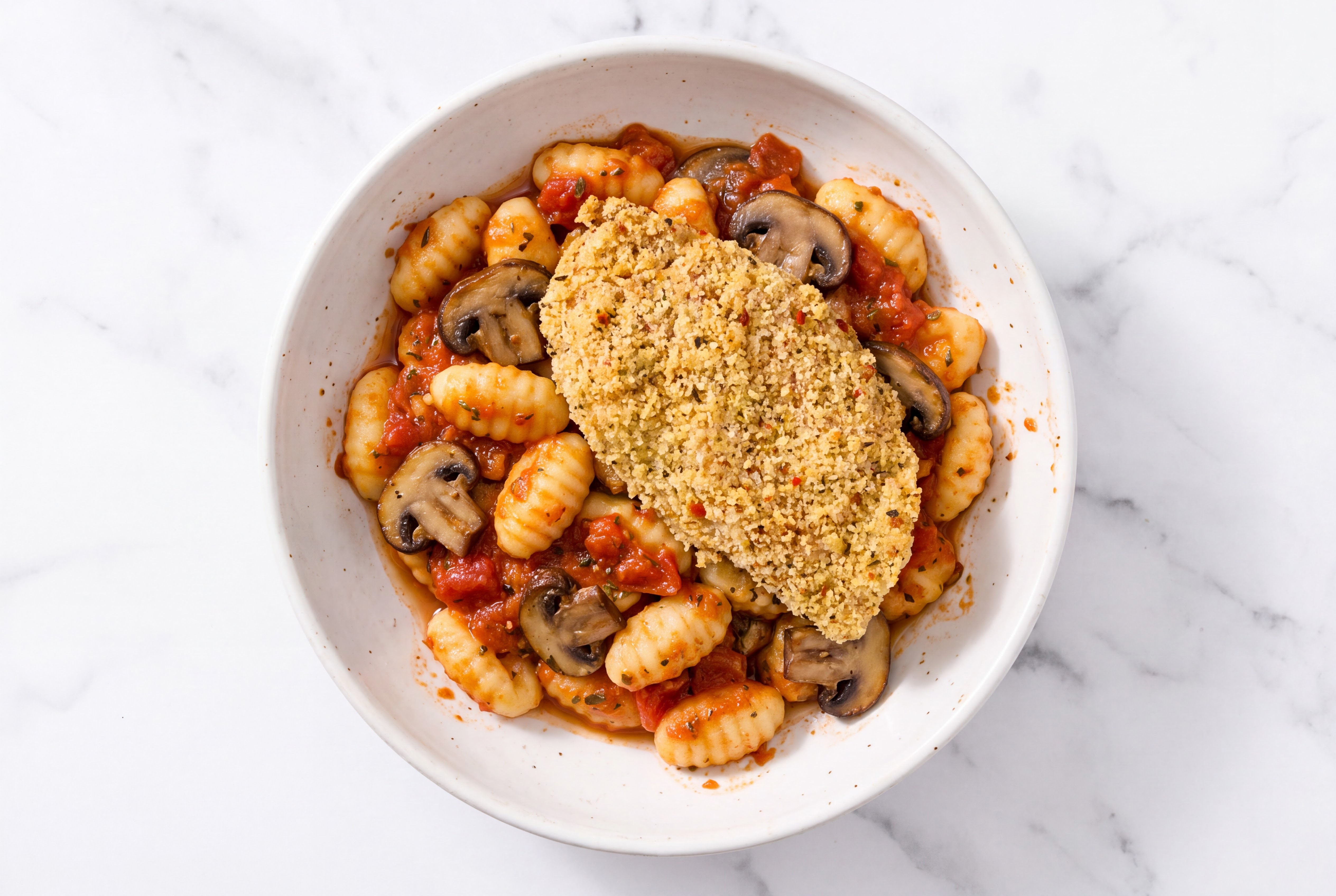 Crispy Garlic Chicken over Marinara Gnocchi with Baby Bella Mushrooms