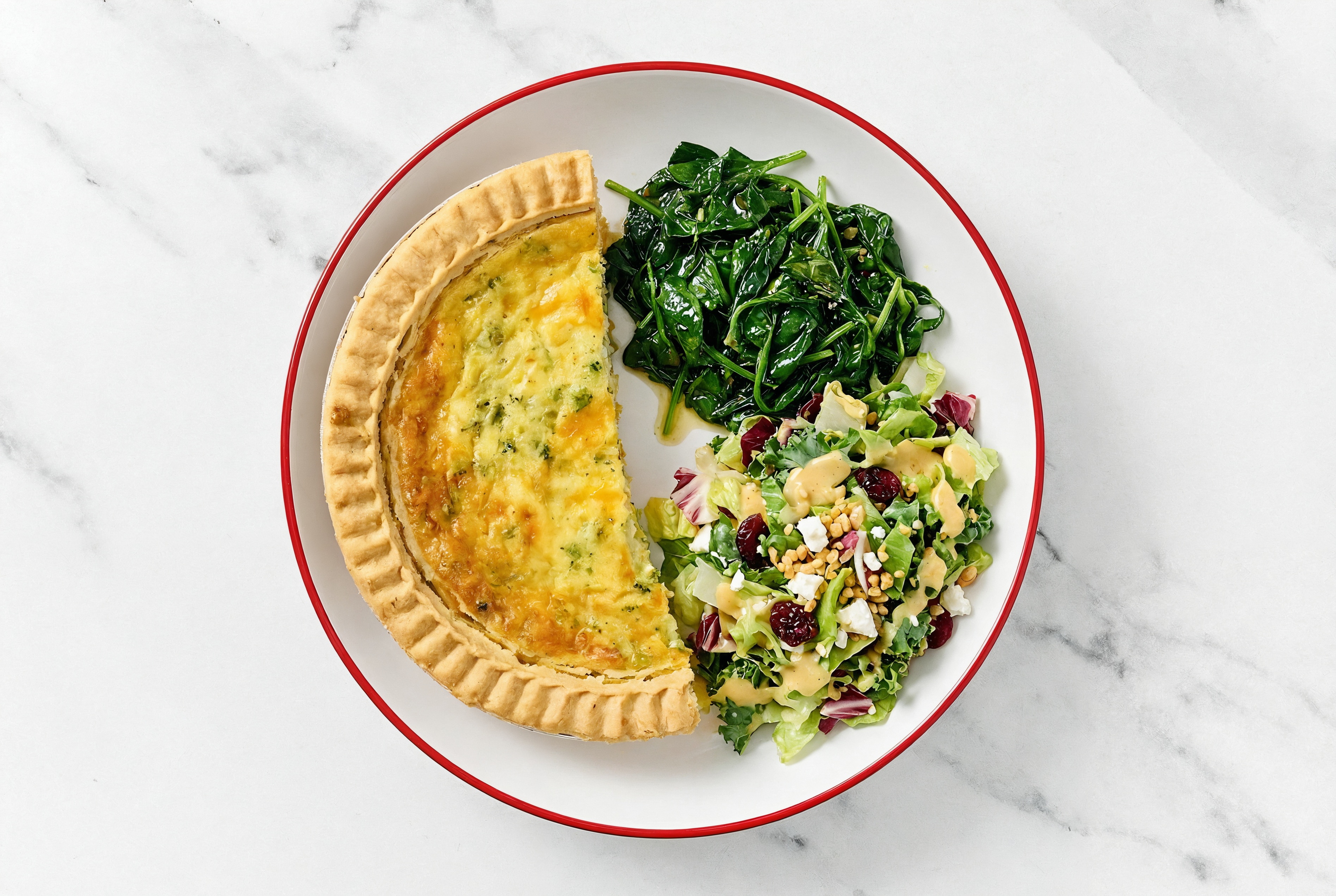 Broccoli & Cheddar Quiche with Baby Spinach & Honey Citrus Salad