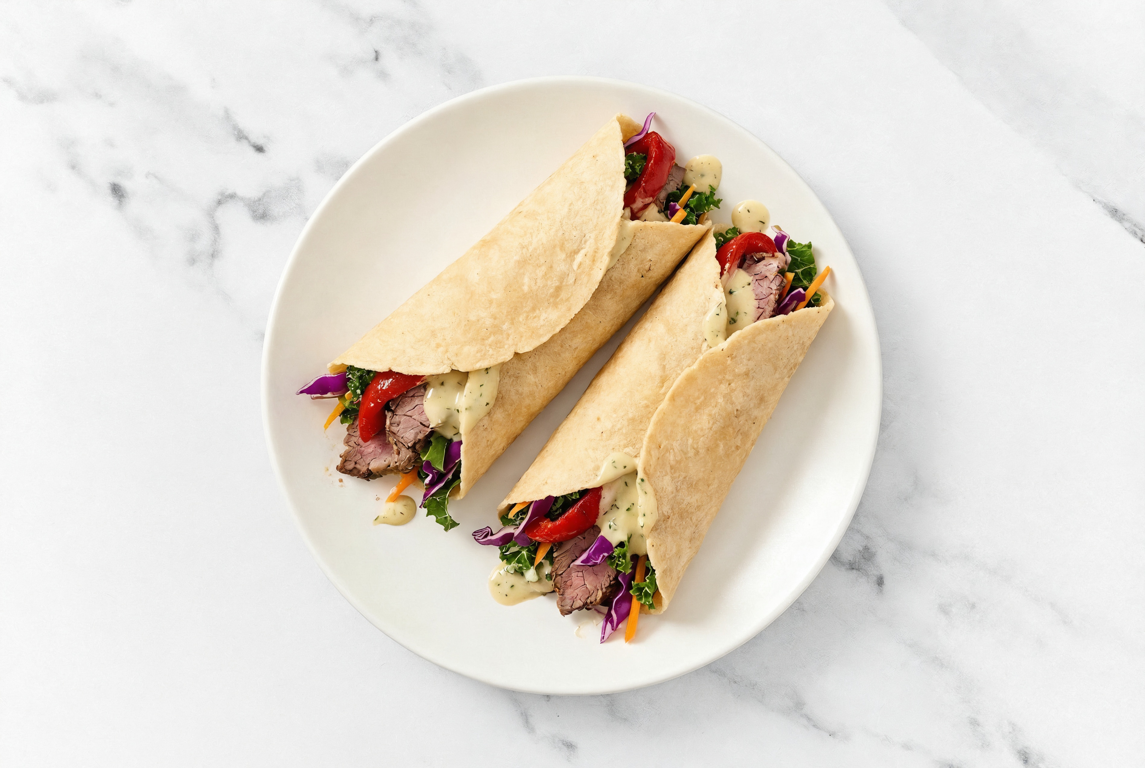 Herby Roast Beef + Roasted Pepper Tortilla Wraps with Rainbow Veggies