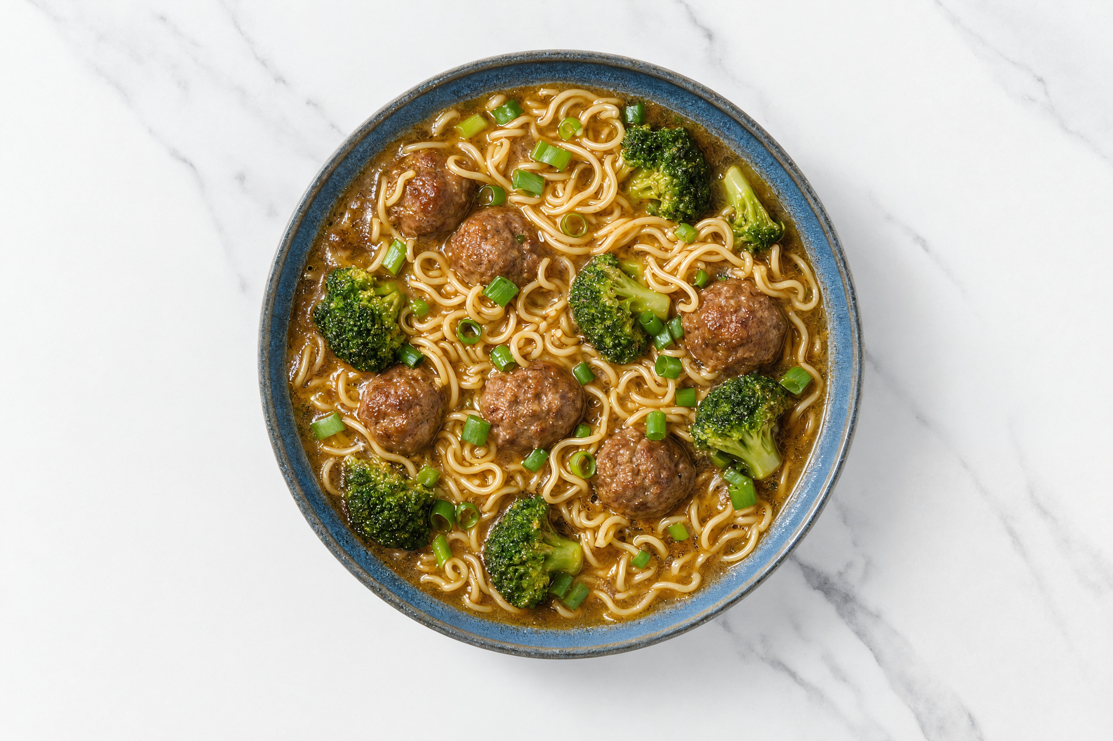 Sweet Chili Beef Meatball Ramen Souo with Broccoli Florets