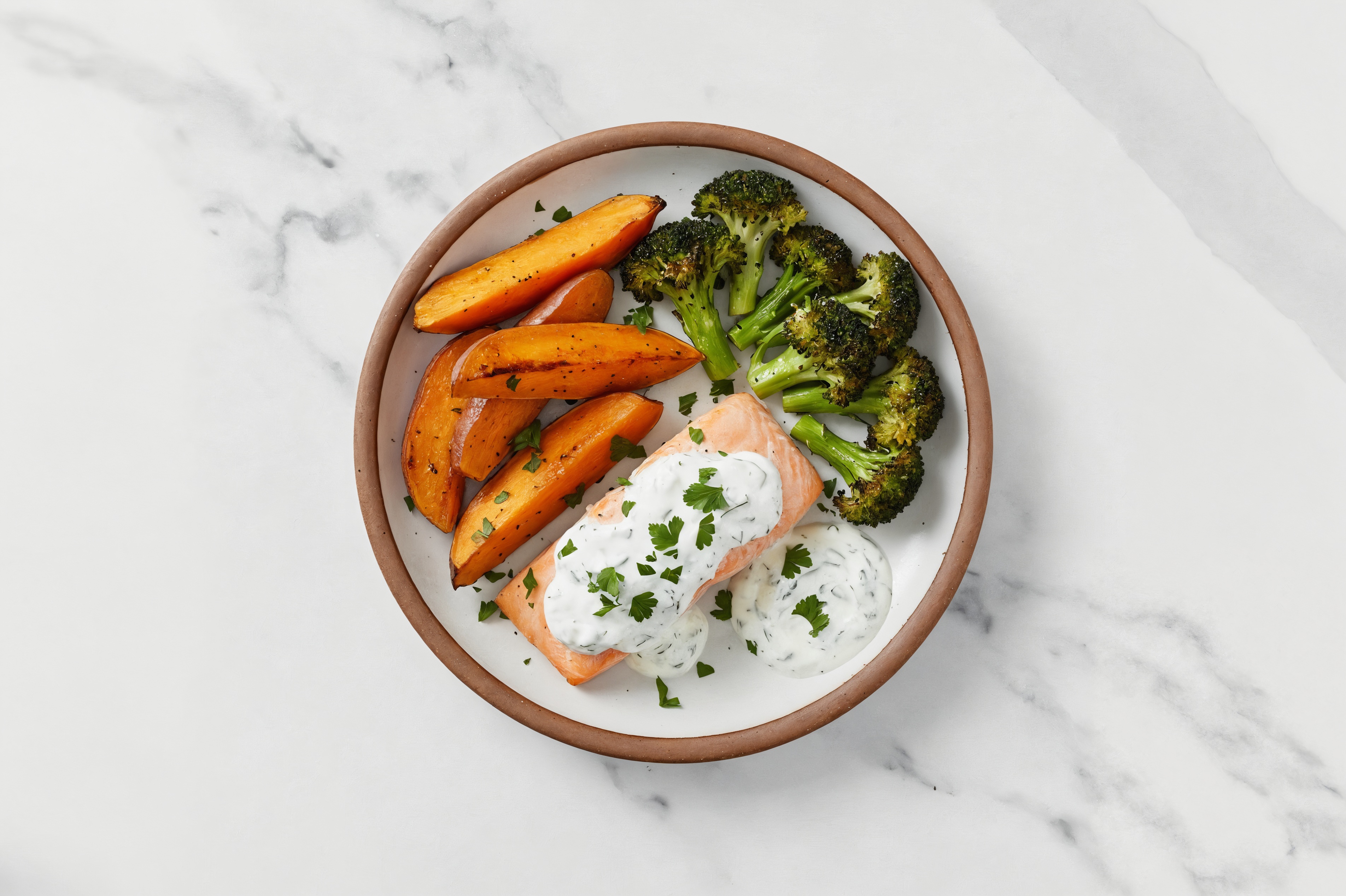Bright Sheet-Pan Salmon + Veggies with Tzatziki with Broccoli Florets