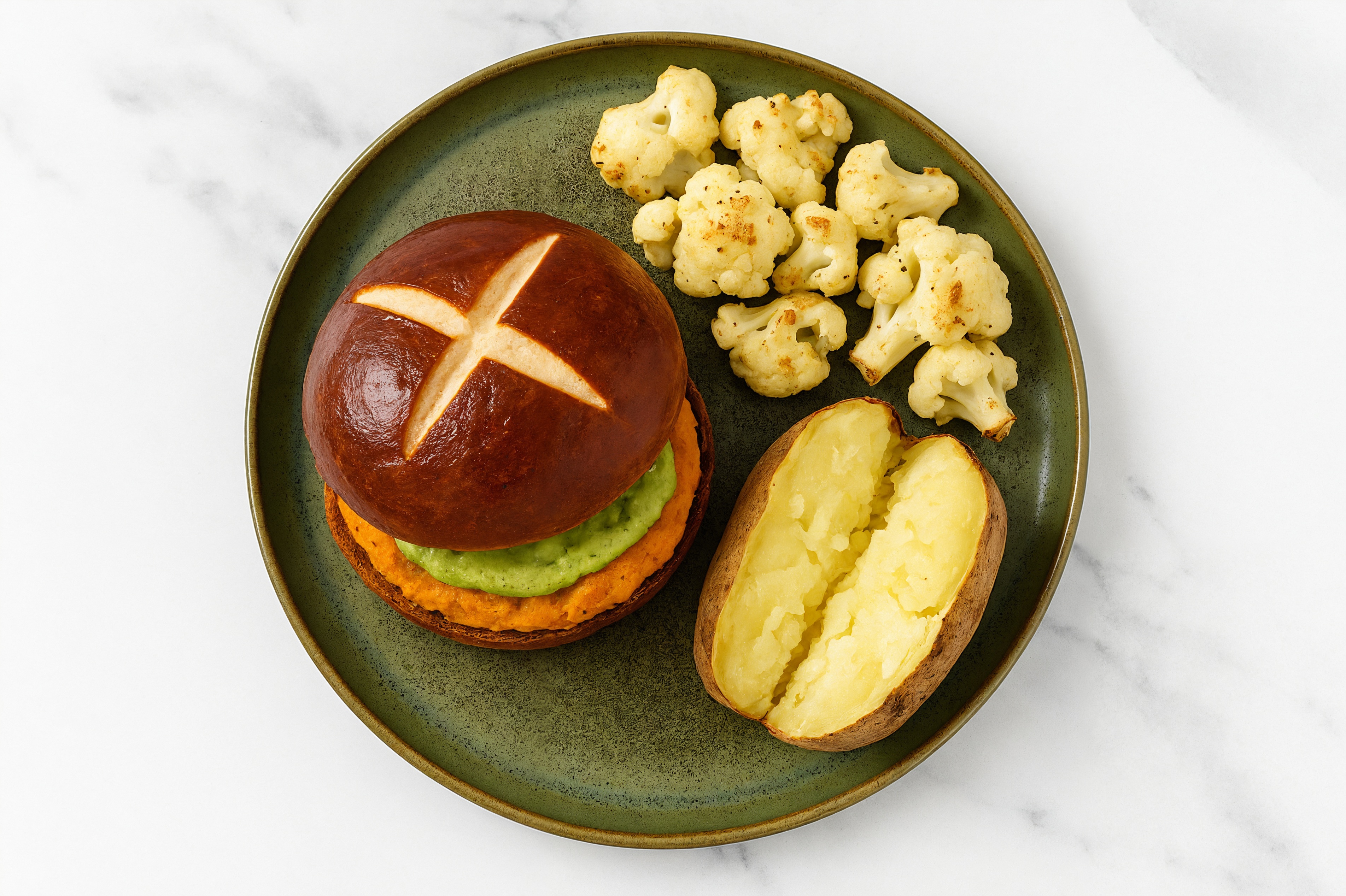 Pesto Sweet Potato Burger on Pretzel Bun with Cauliflower