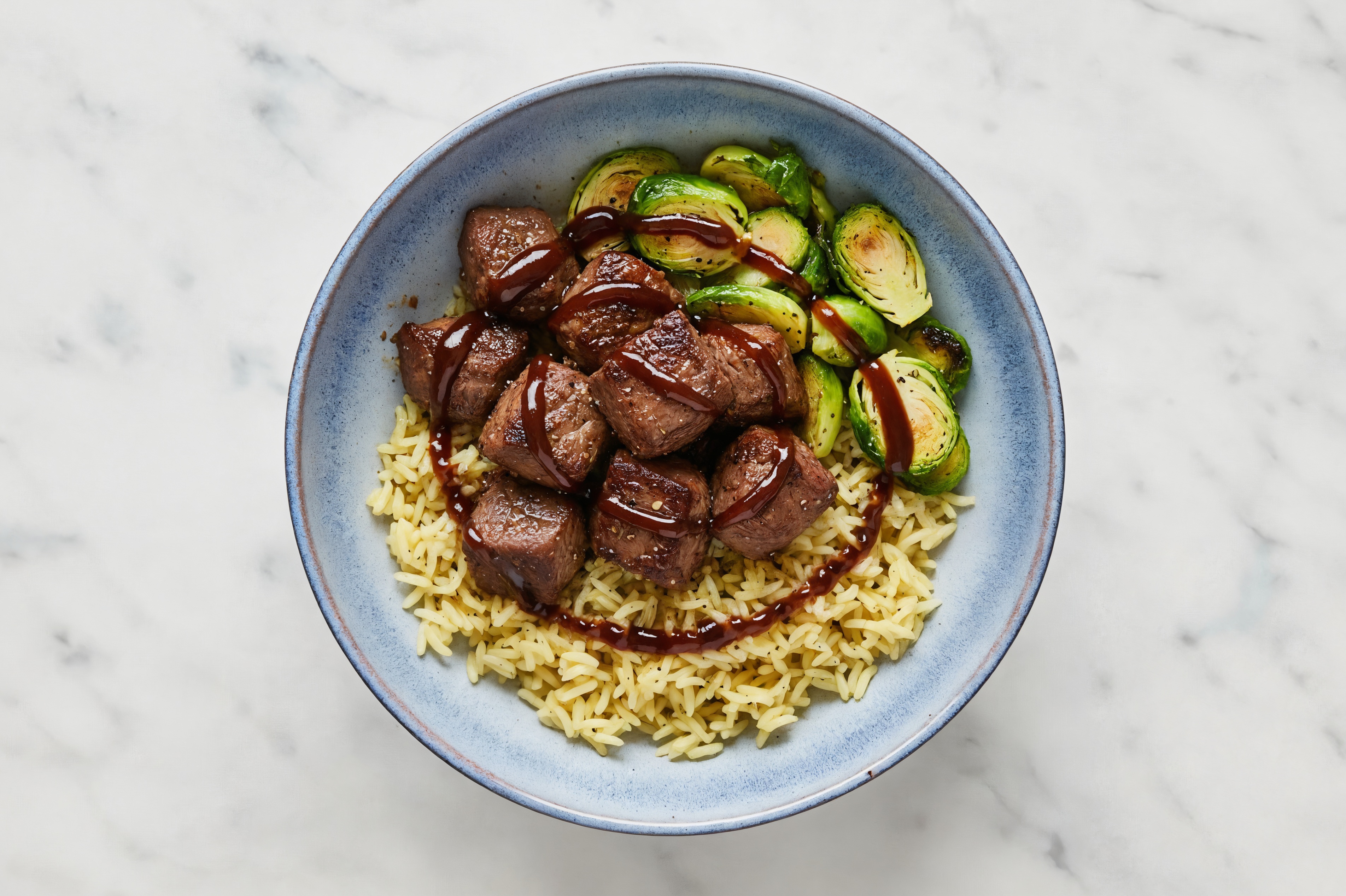 Sweet Teriyaki Seared Lamb + Jasmine Rice Bowl with Shaved Brussels