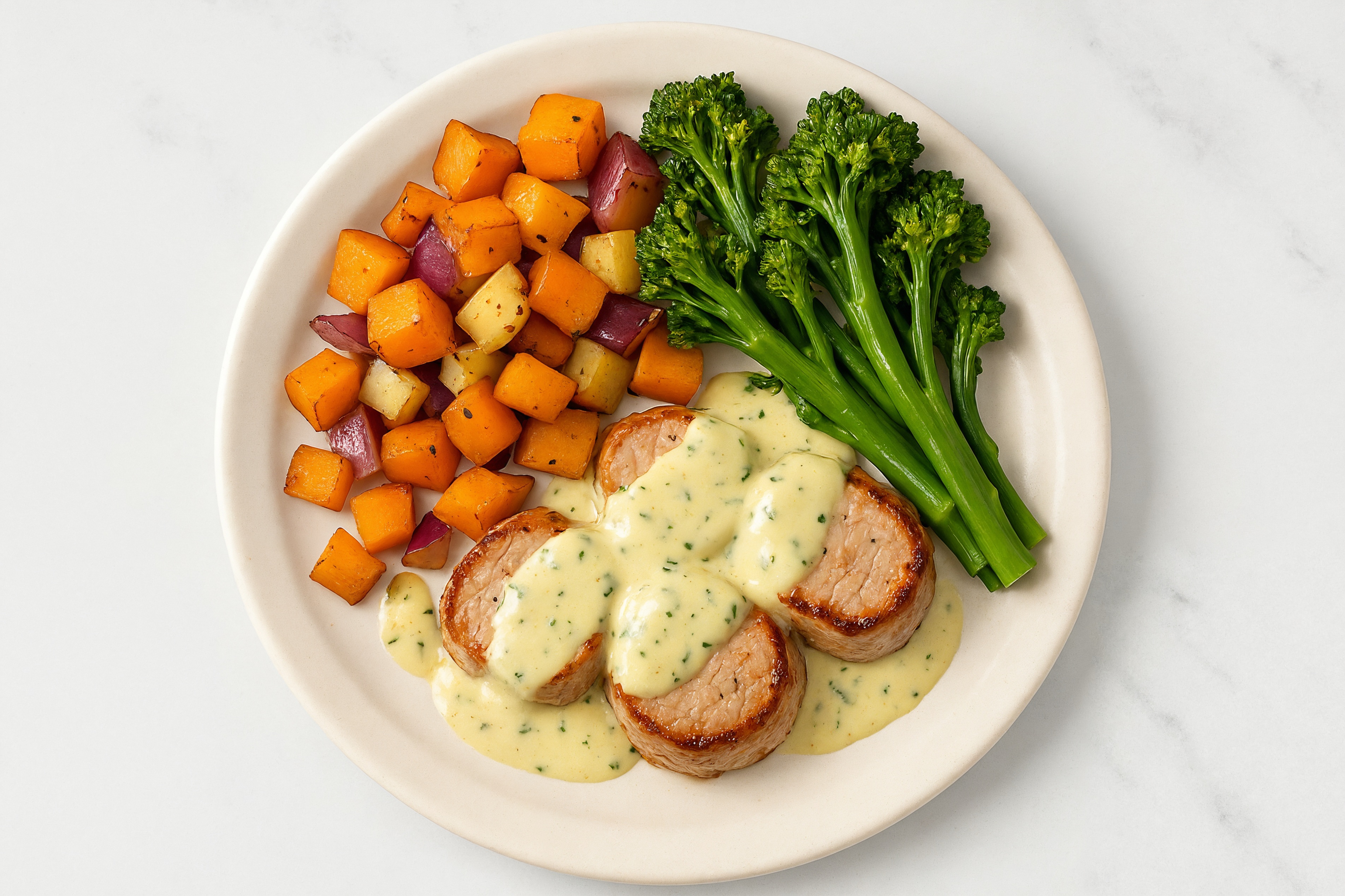 Creamy Herb Smothered Pork Tenderloin with Baby Broccoli & Roasted Vegetables