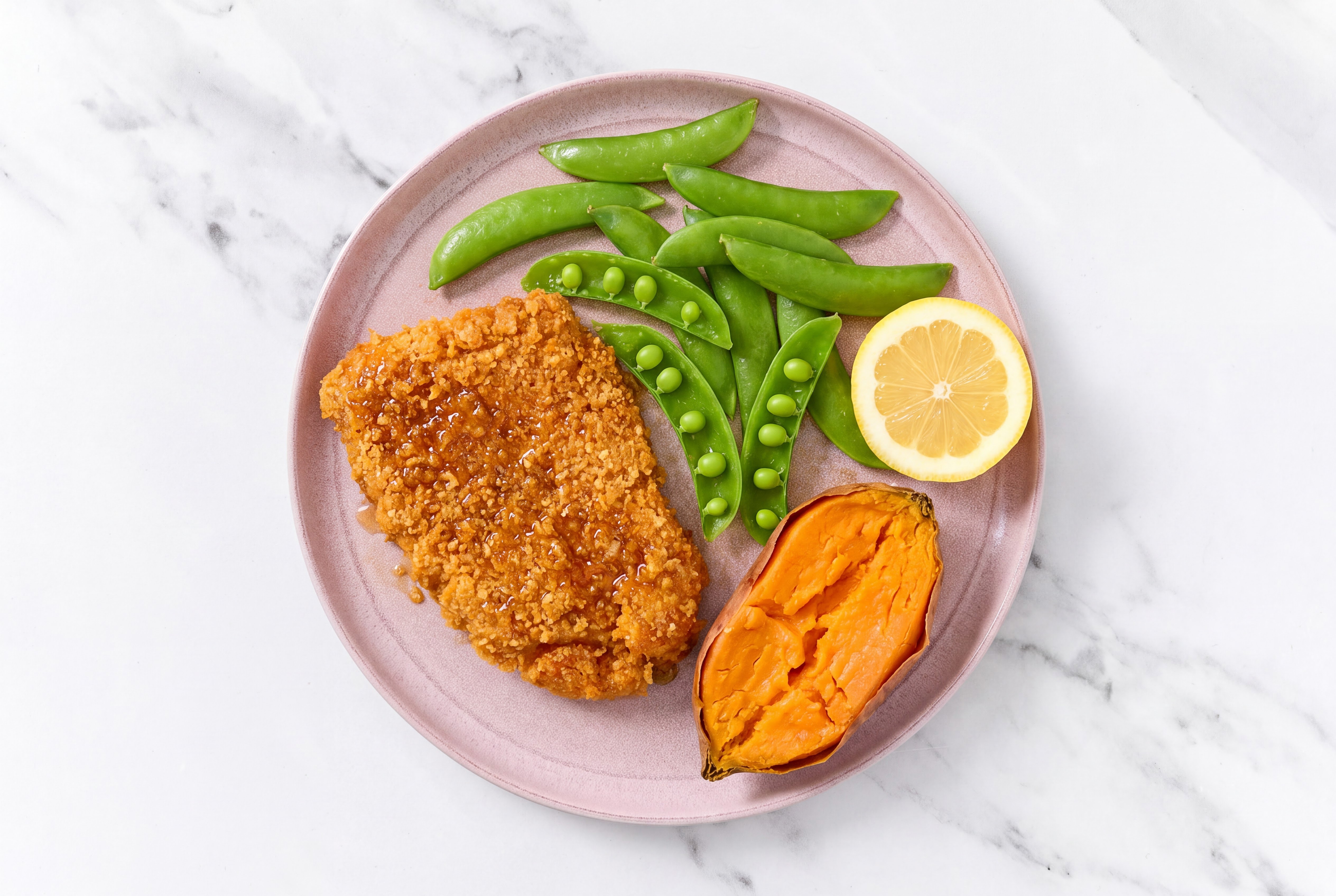 Lemon Hot Honey Breaded Chicken Cutlet with Snap Peas & Sweet Potato