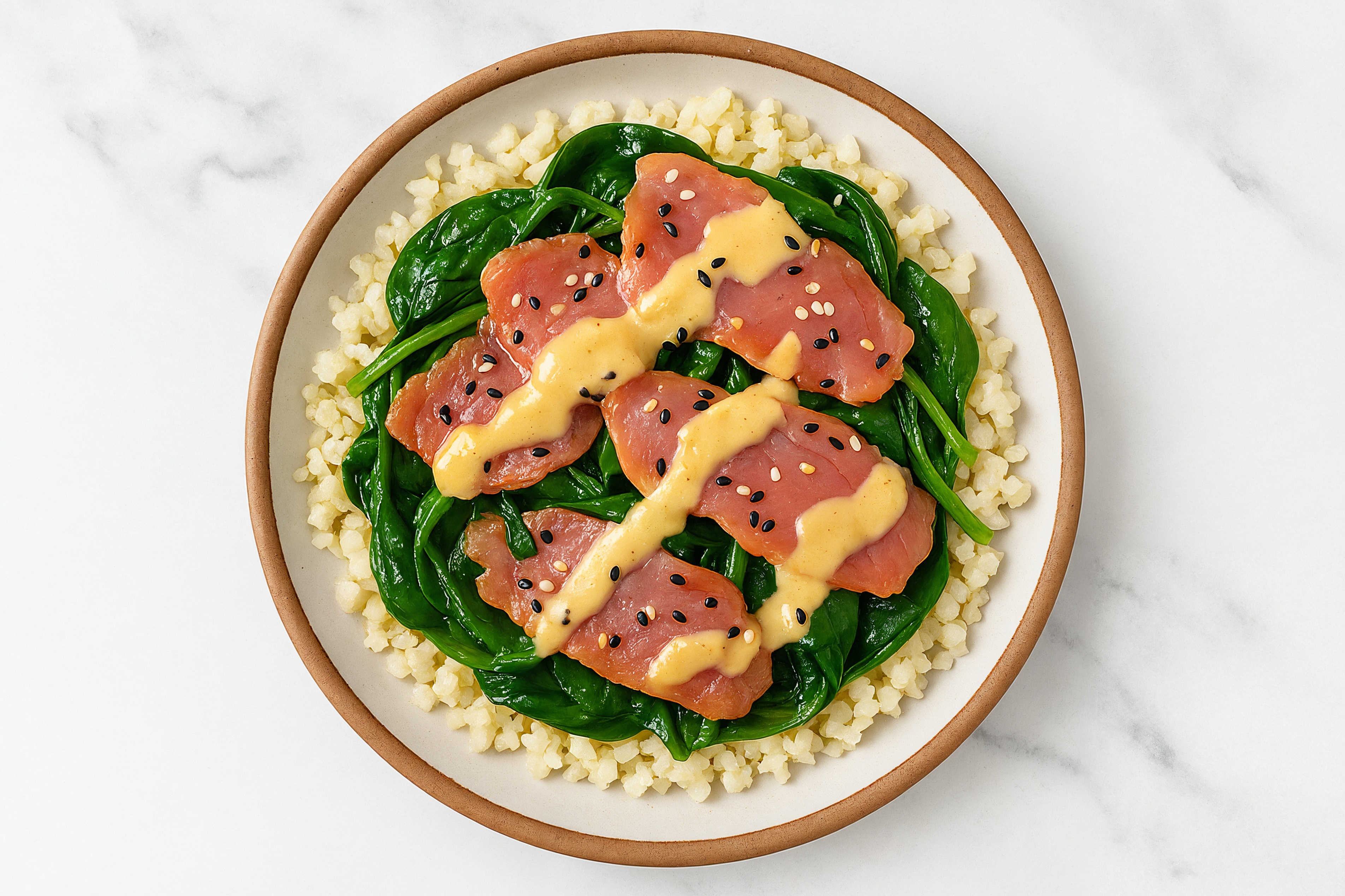 Tuna Cauliflower Rice Bowl with Miso & Organic Spinach