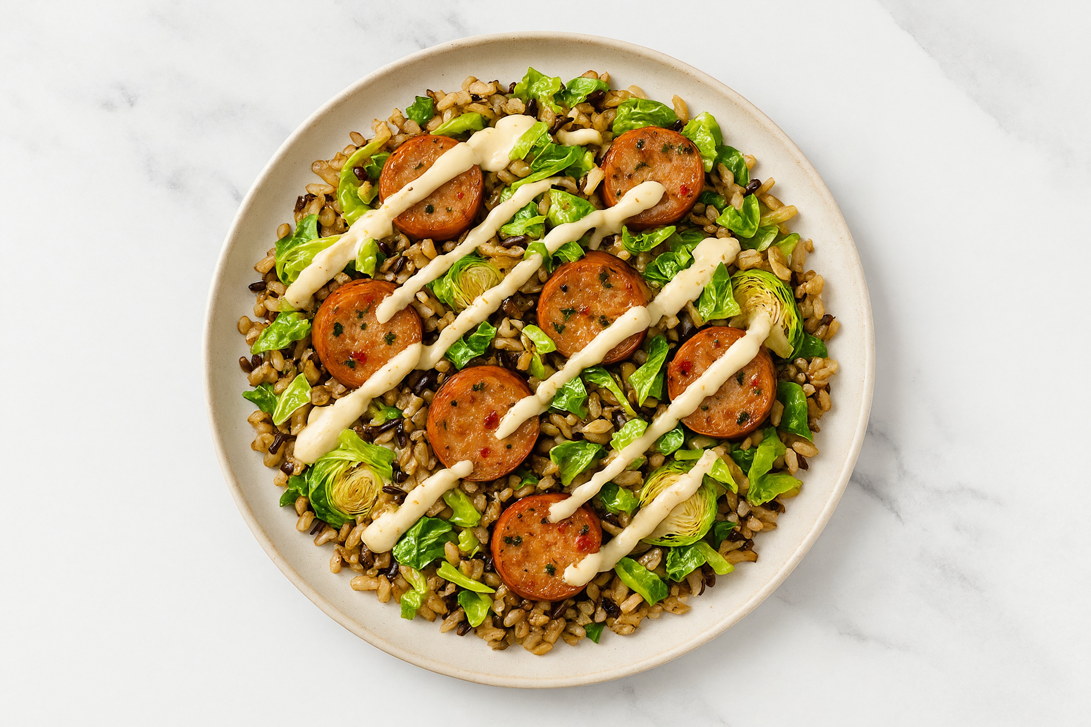 Creamy Garlic Italian Sausage + Brussels Grain Bowl
