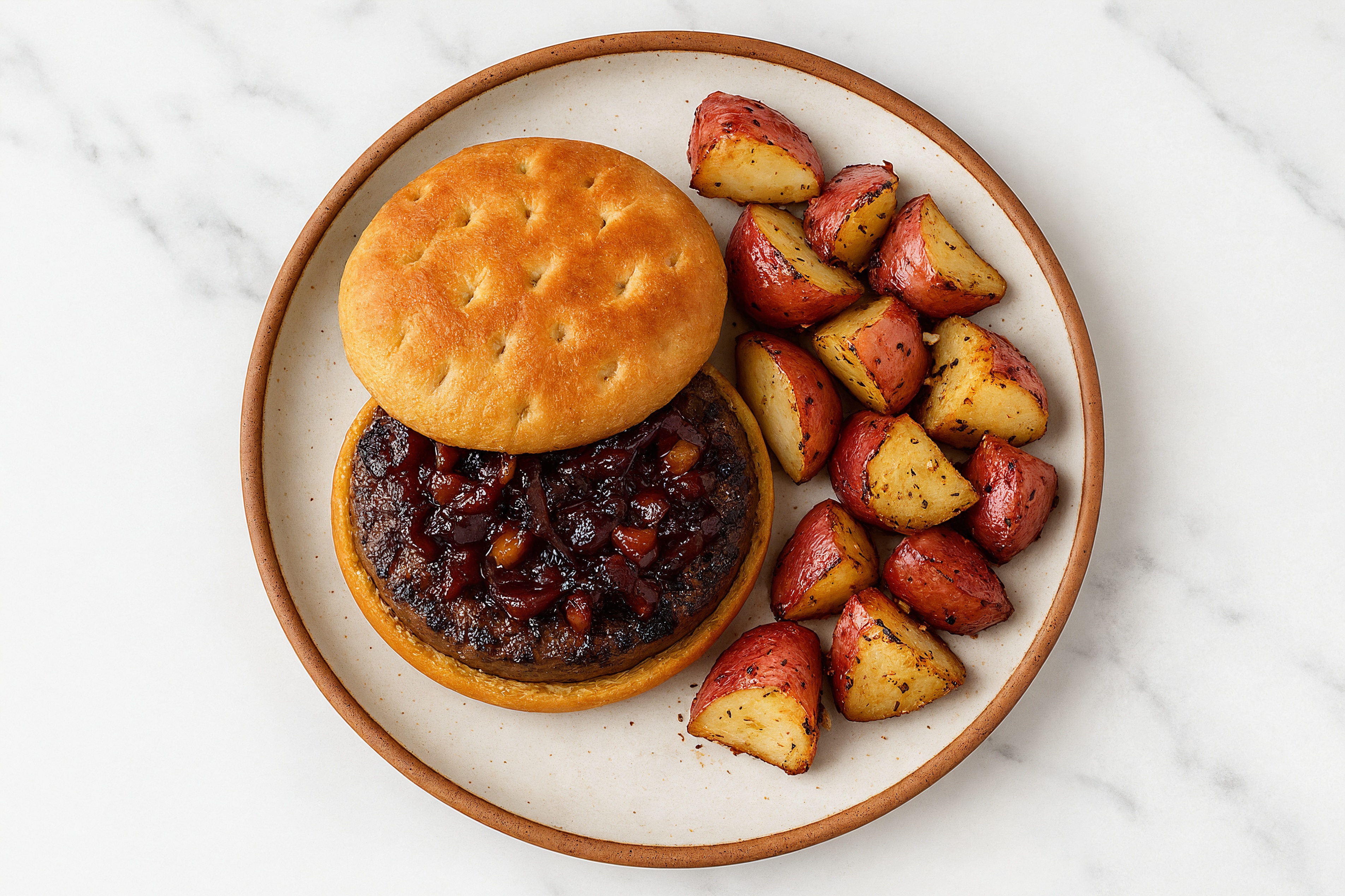 Hamburger with Applewood Smoked Pork Bacon Onion Jam + Red Potatoes