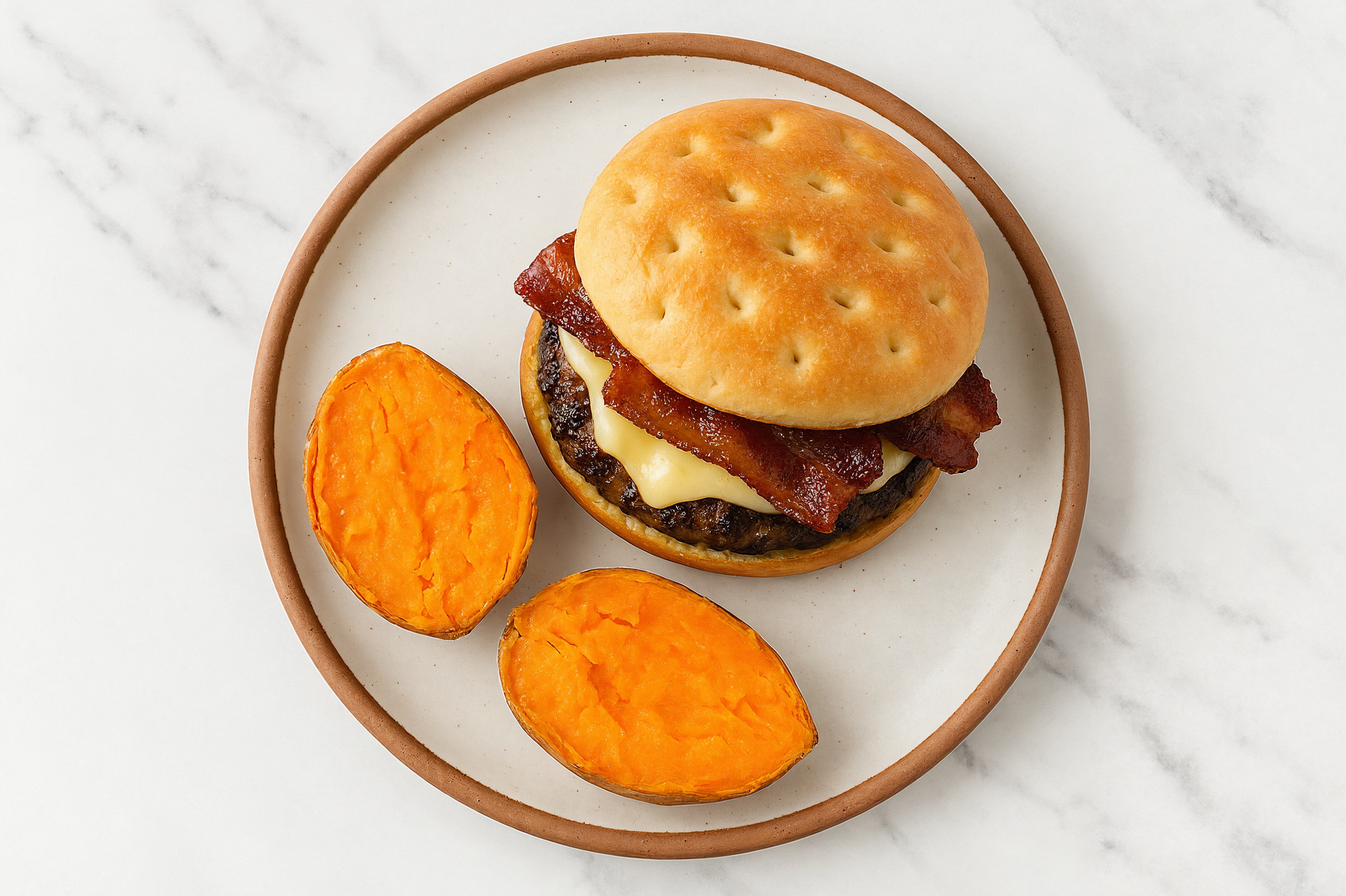 Maple Bacon Cheeseburger with Baked Sweet Potato with Wagyu Beef Patties