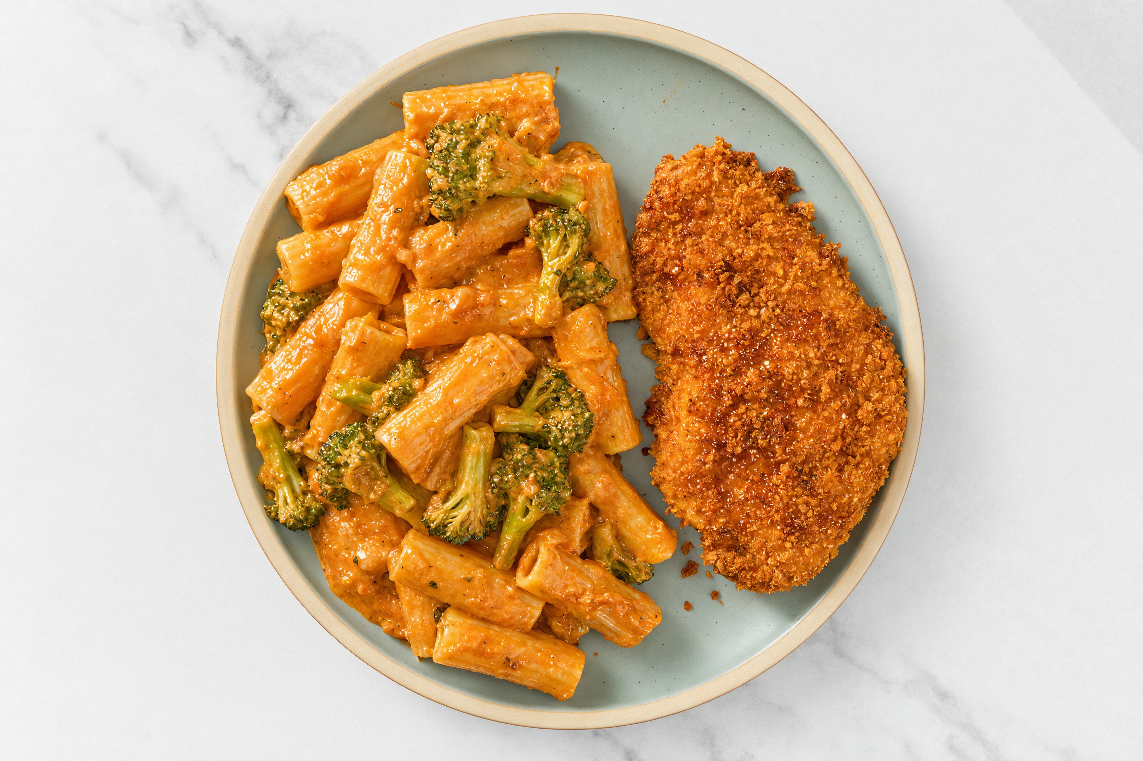 Crispy Hot Honey Chicken over Creamy Vodka Rigatoni with Broccoli