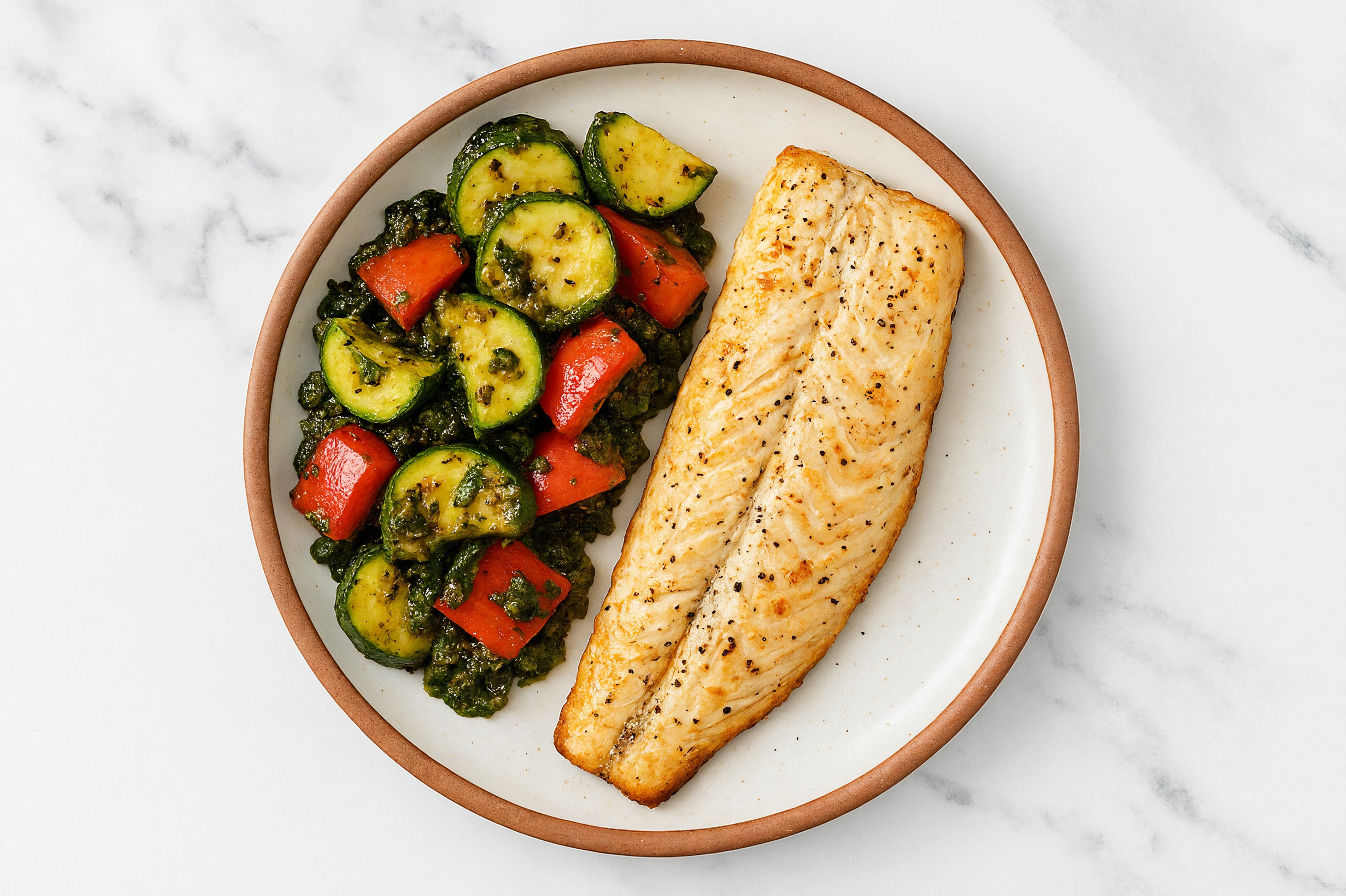 Zesty Garlic Herb Trout + Pesto Summer Veggies with Red Bell Pepper