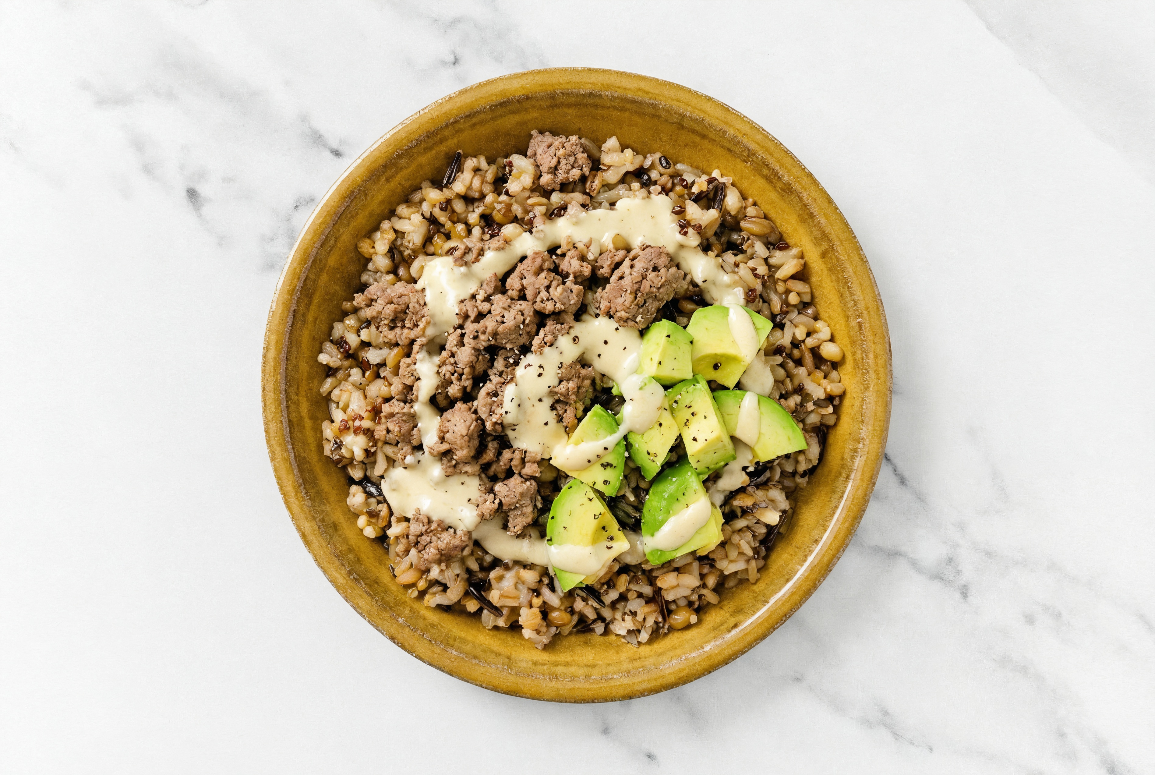 Ground Bison & Avocado Grain Bowl with Creamy Horseradish