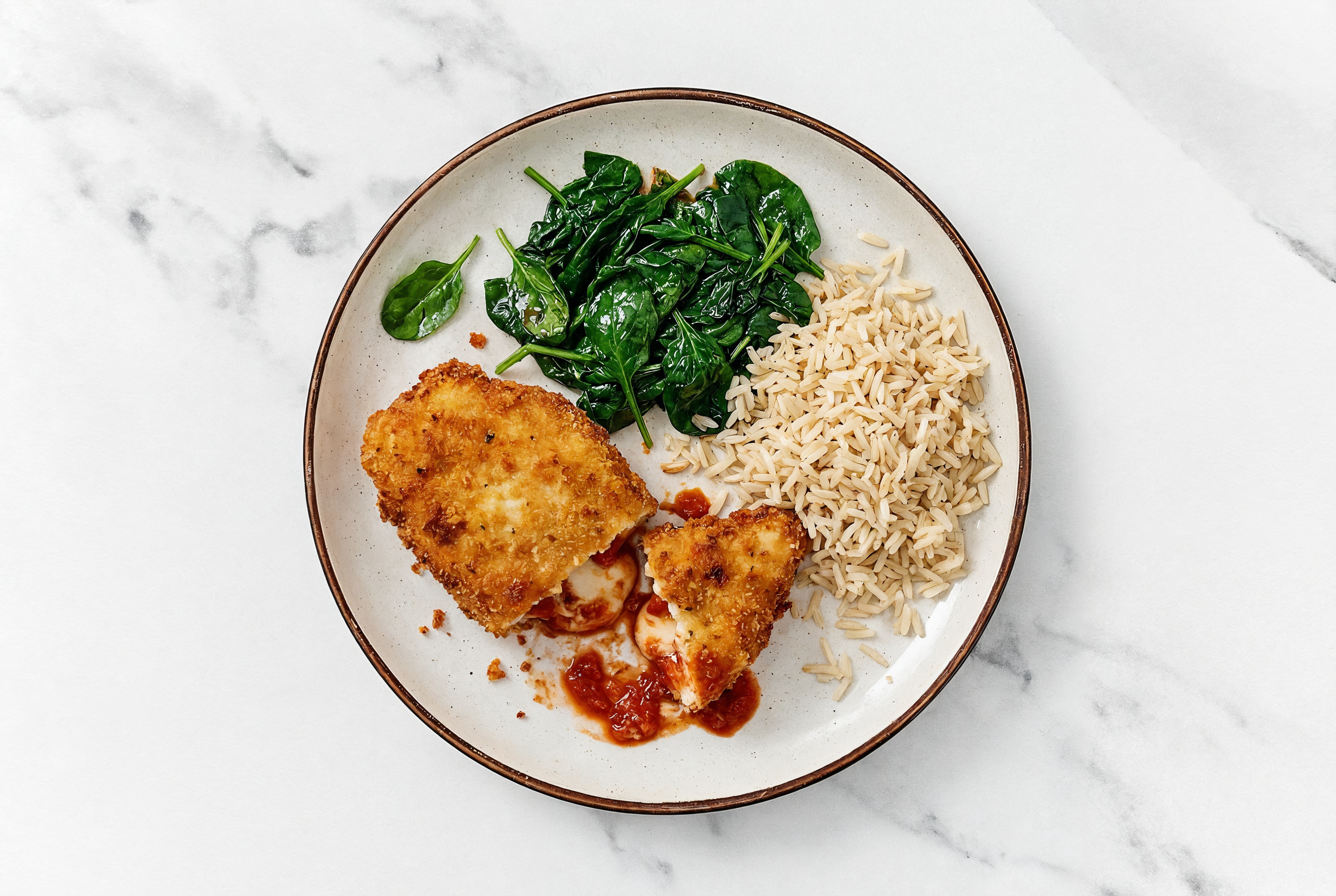 "Chicken" Parm with Baby Spinach & Bone Broth Rice