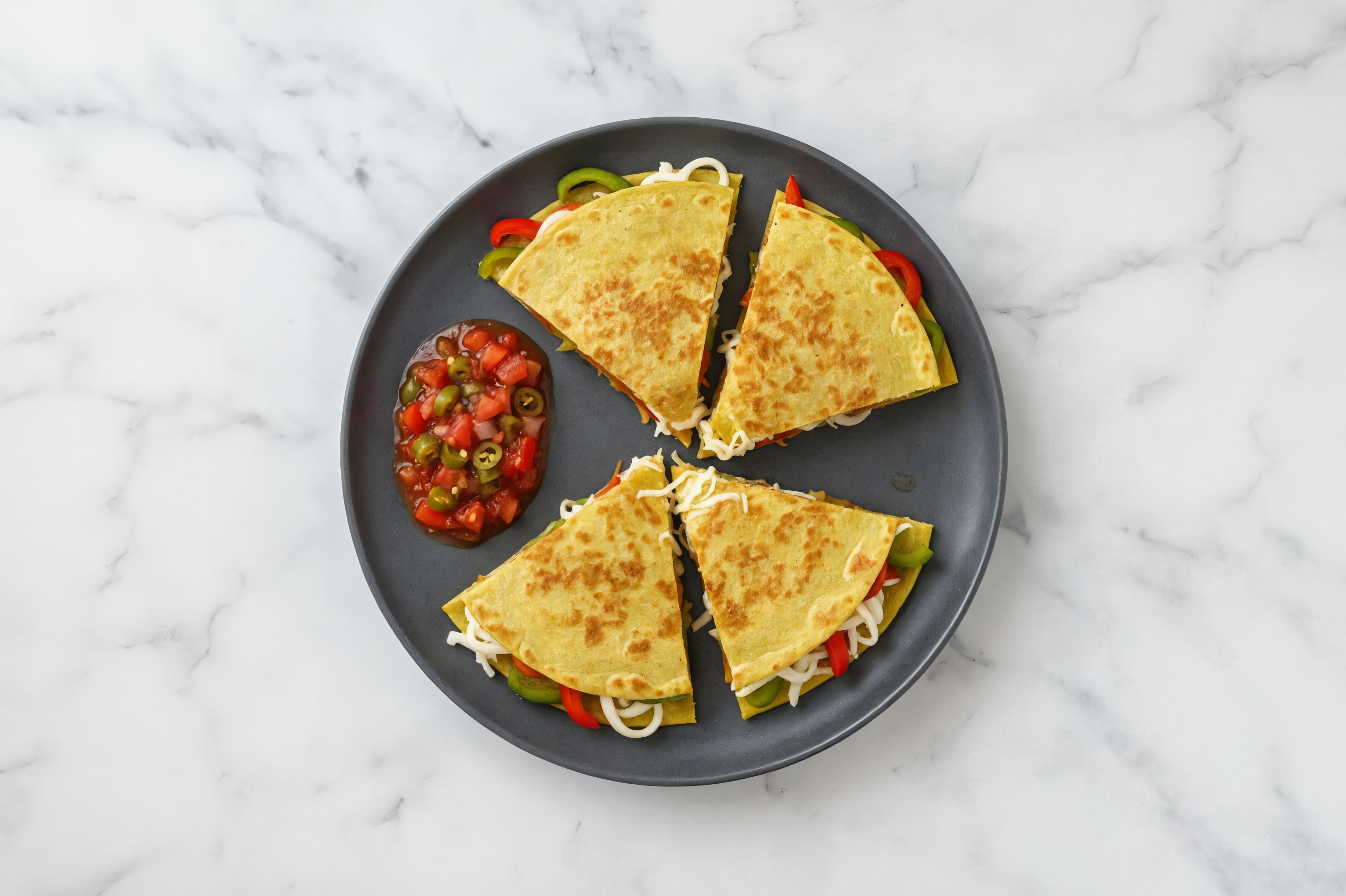 Cheeze + Veggie Quesadillas with Pico de Gallo with Spinach Tortilla