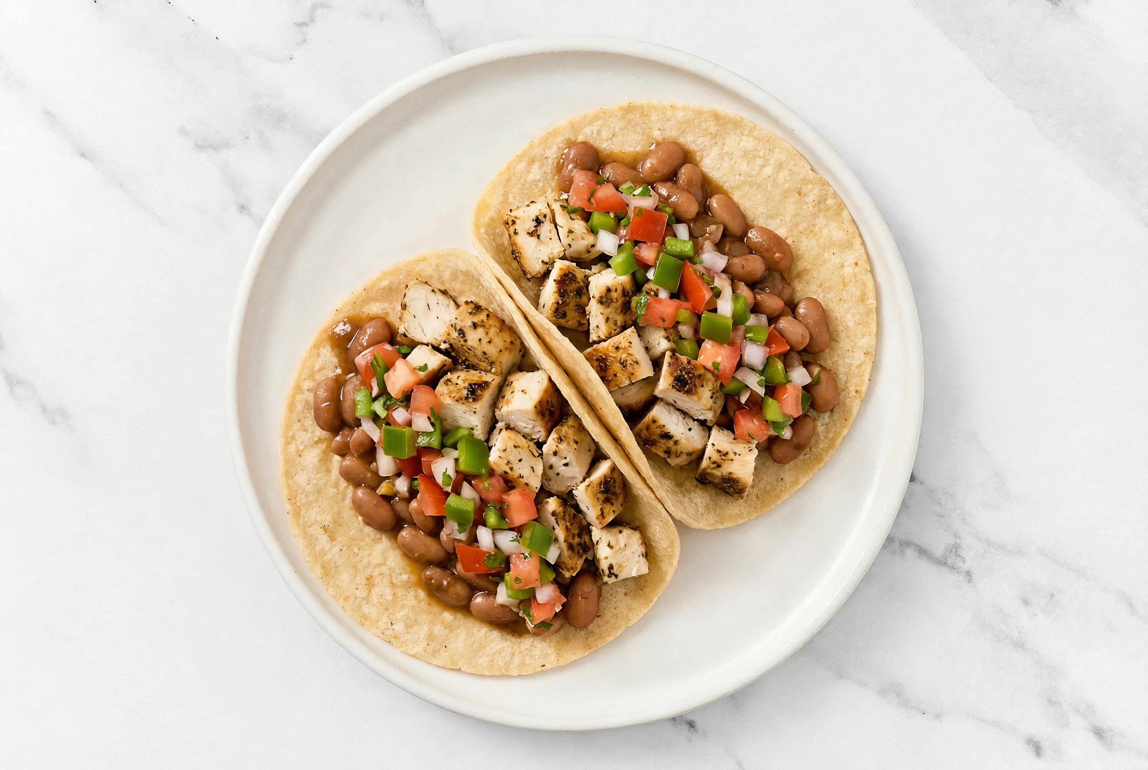 Garlic Chicken Tacos with Fresh Salsa & Pinto Beans