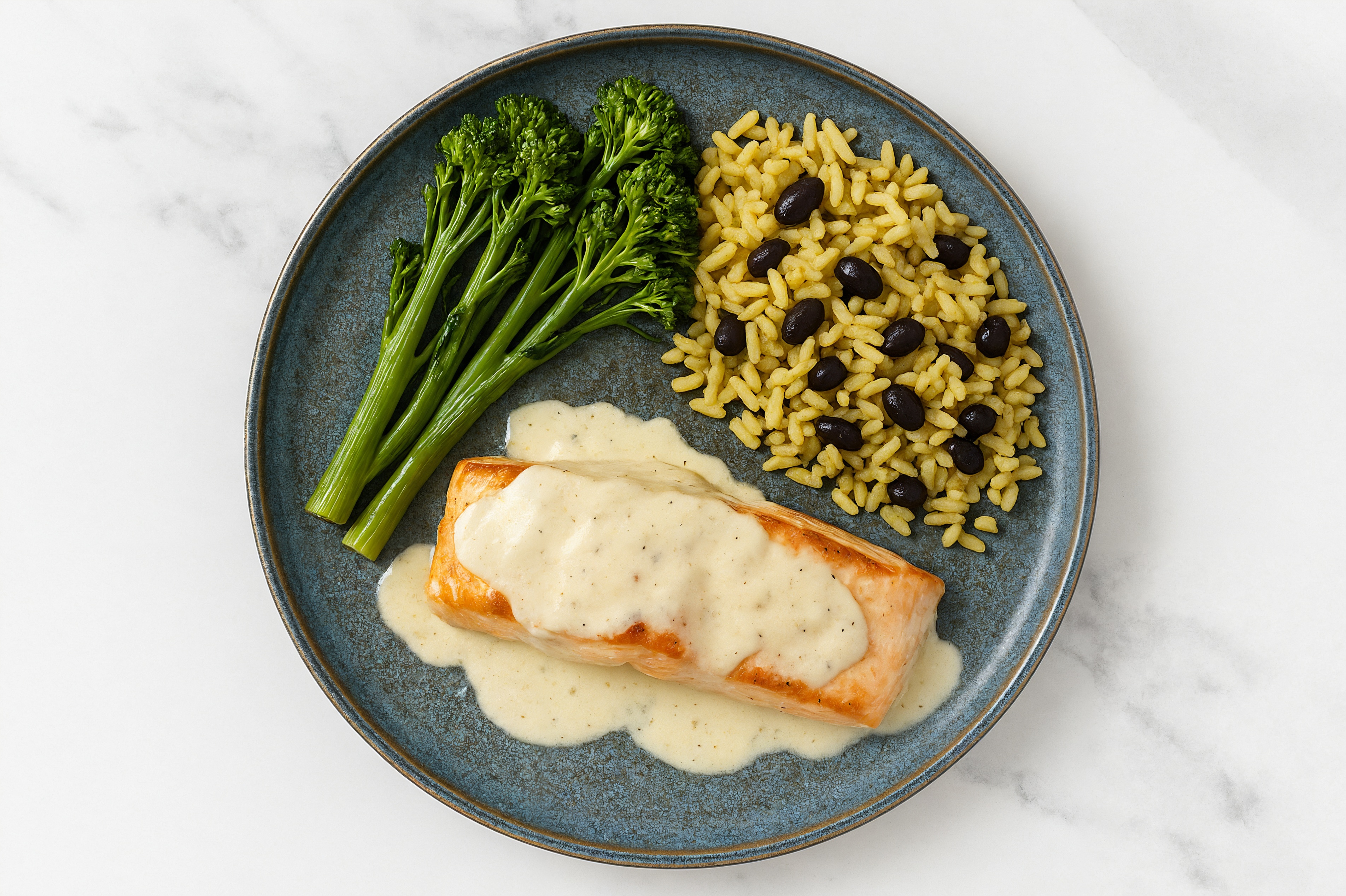 Creamy Alfredo Salmon + Baby Broccoli with Seasoned White Rice + Black Beans